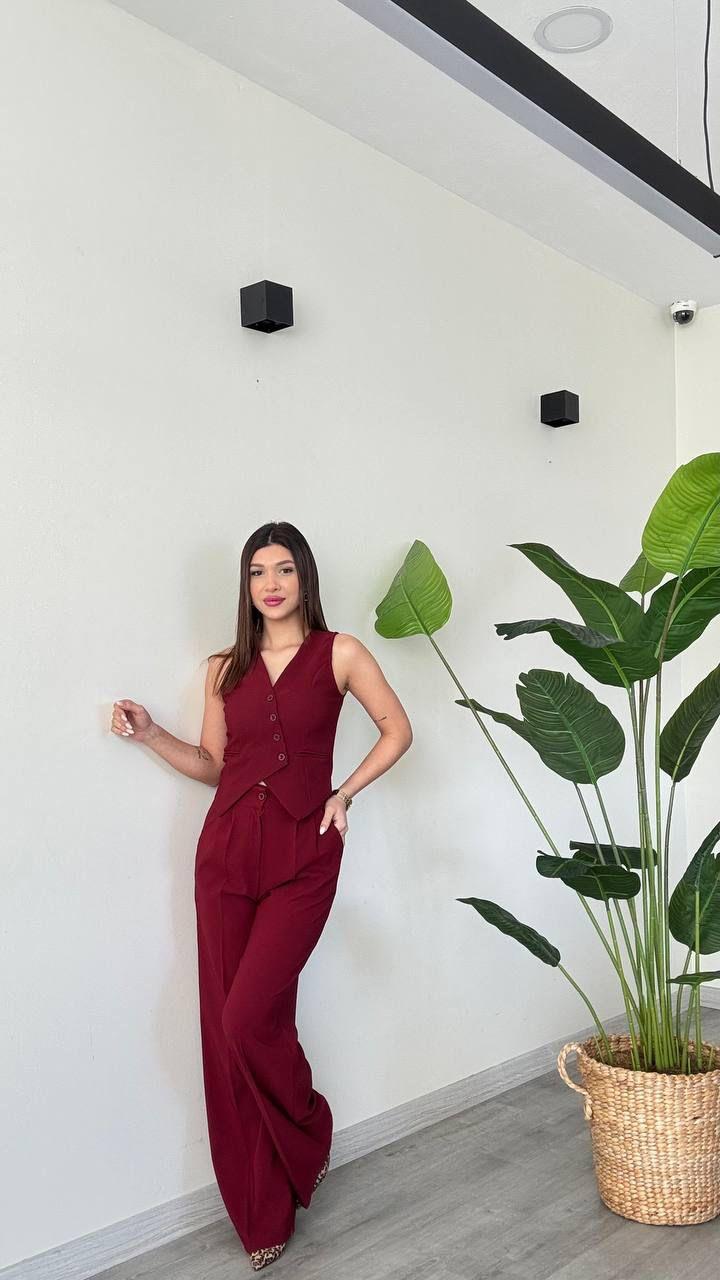 Kadın Yelek Pantolon Alt Üst Premium Takım - BORDO