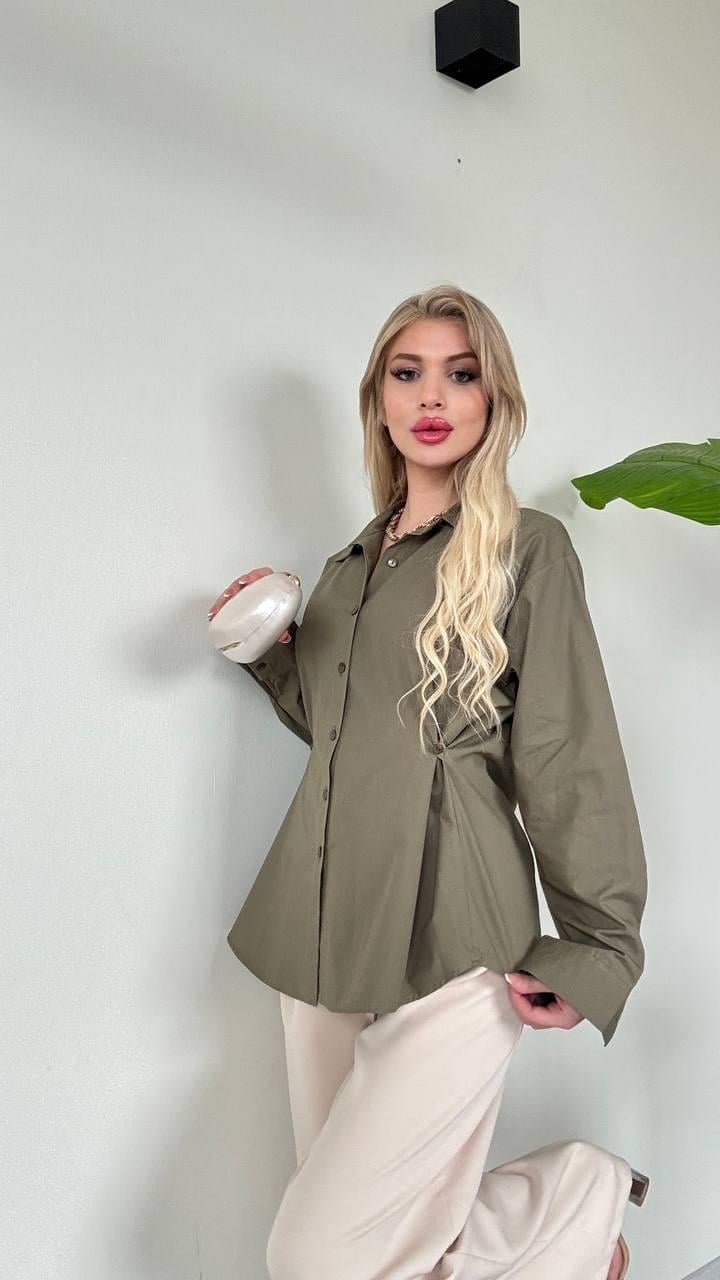 Özel Tasarım Yandan Düğmeli Fit Göstren Çok Şık Gömlek - HAKİ