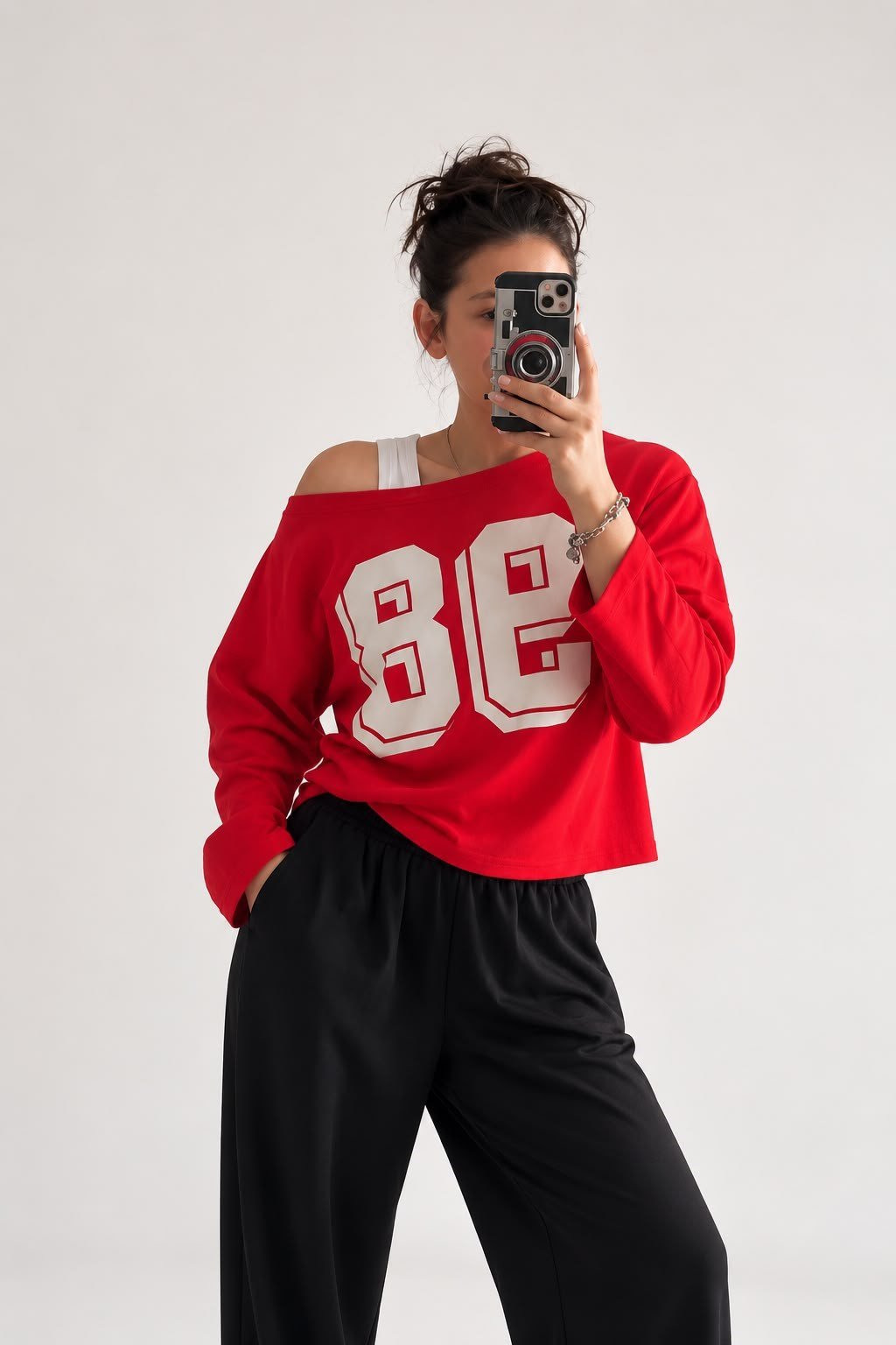 SWEATSHIRTKırmızı Zr Model Düşük Yaka Baskılı  Uzun Kollu Premium Tshirt 