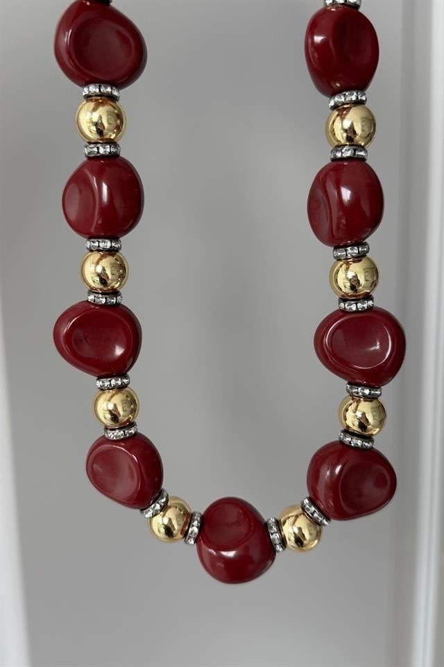 Bordo Taşlı Kolye