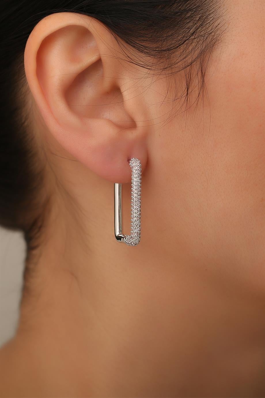 Dikdörtgen Taşlı Silver Küpe