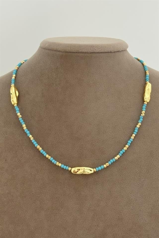 Mavi Amorf Ve Gold Dorika Kolye