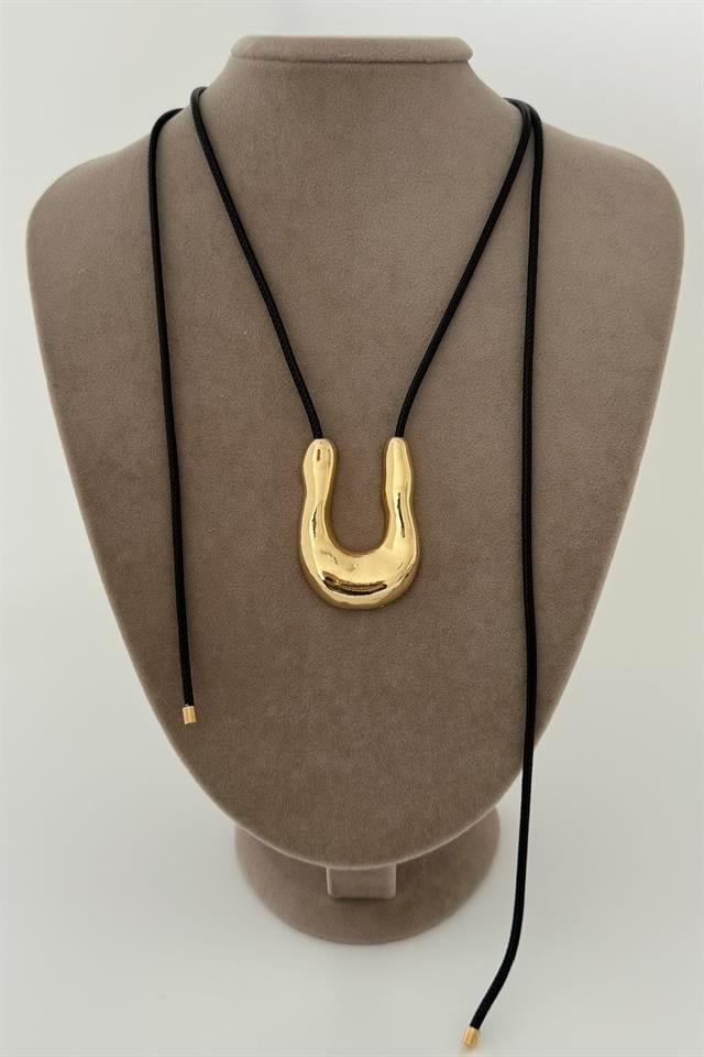 Metal Plaka Model Gold İp Kolye