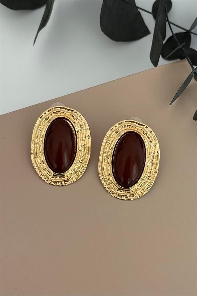 Oval Plaka Kahverengi Sedefli Küpe