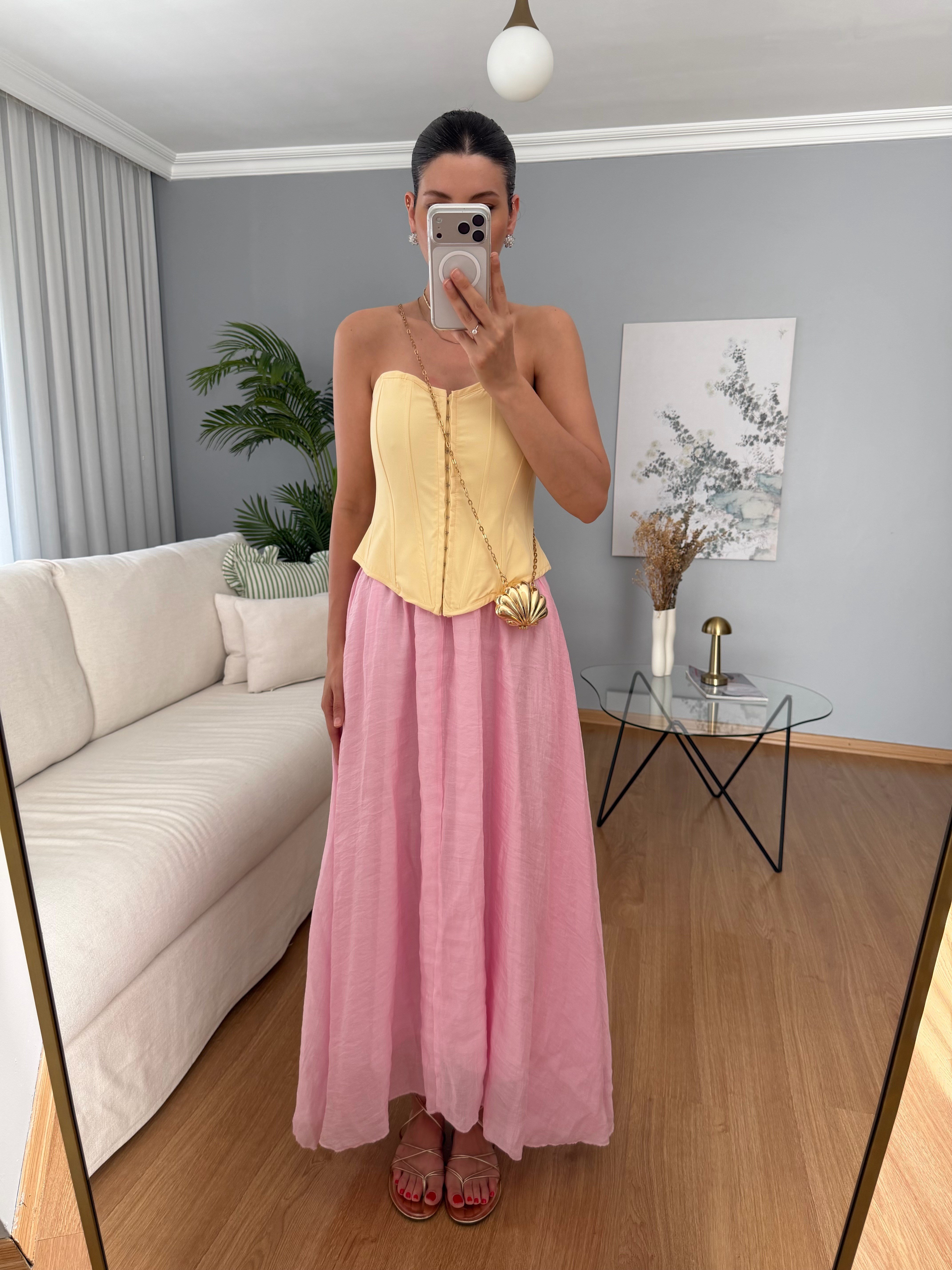 Azahar Beli Lastikli Pembe Renk Etek