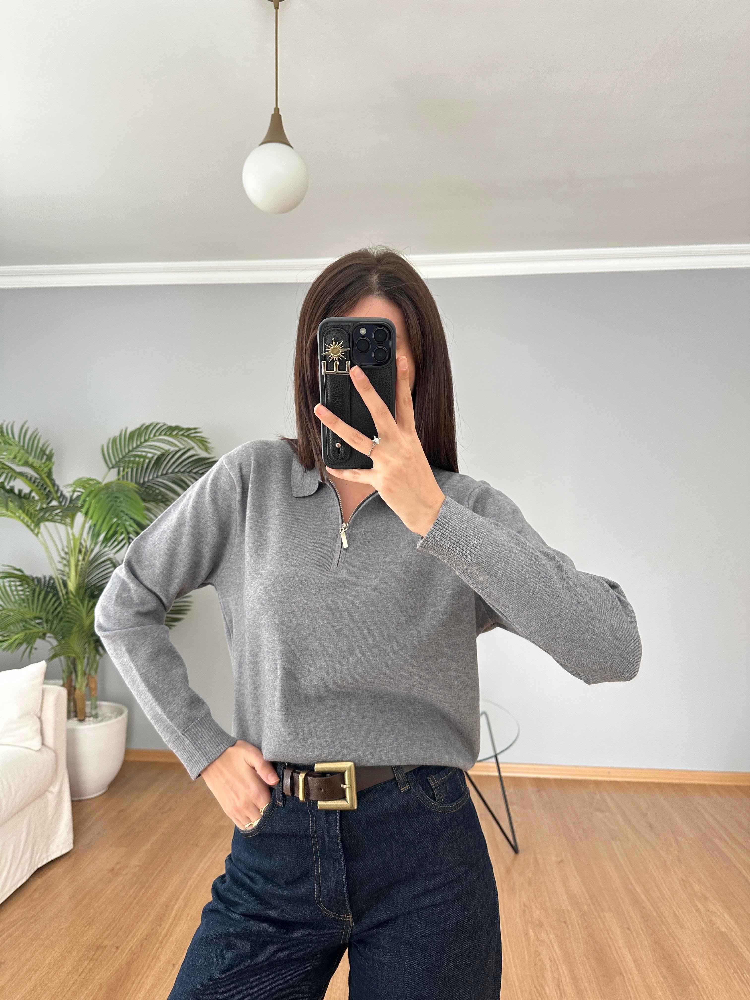 Çelik Örme Gri Fermuarlı Triko