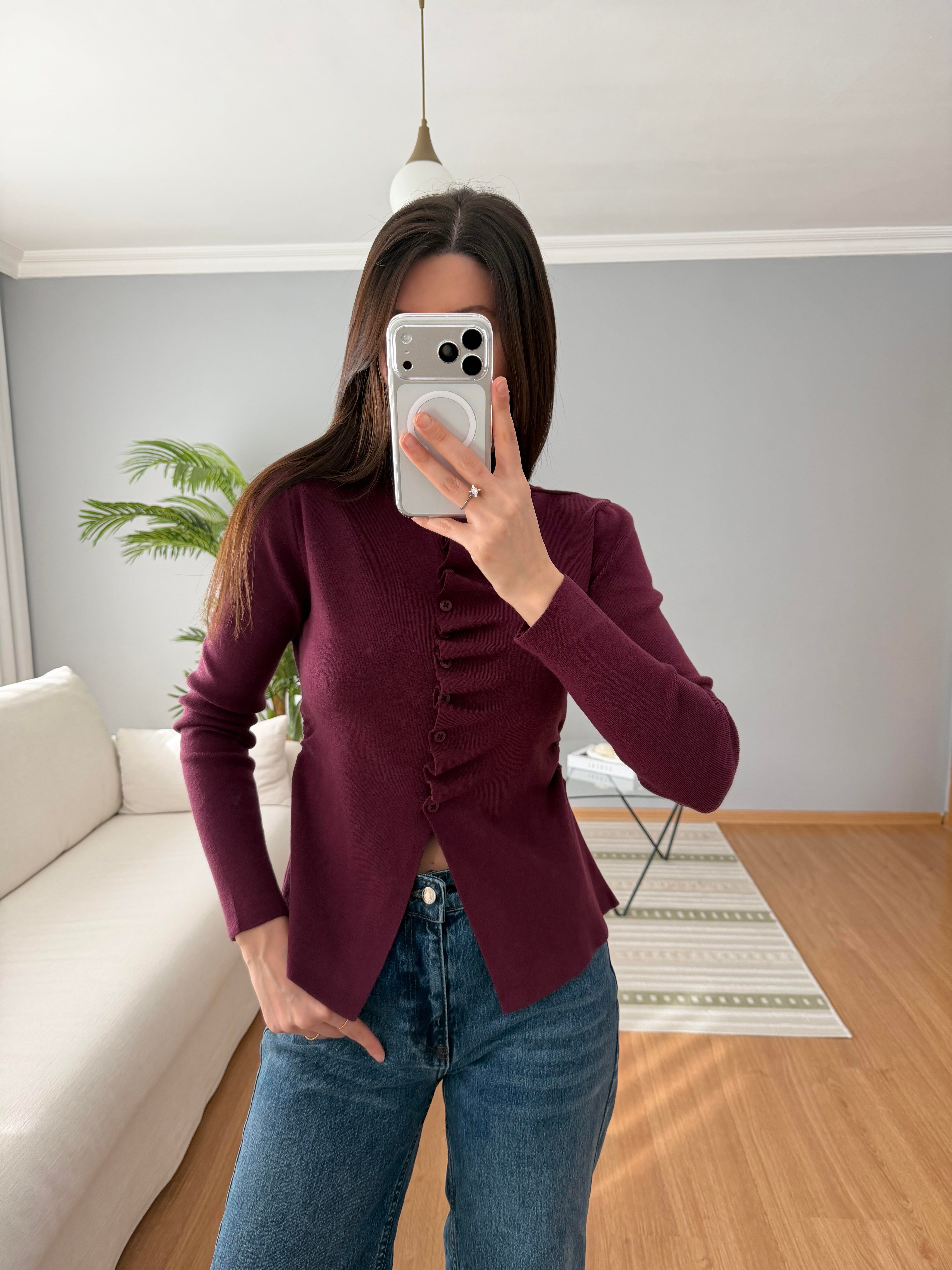 Cerra Büzgü Düğmeli Bordo Hırka