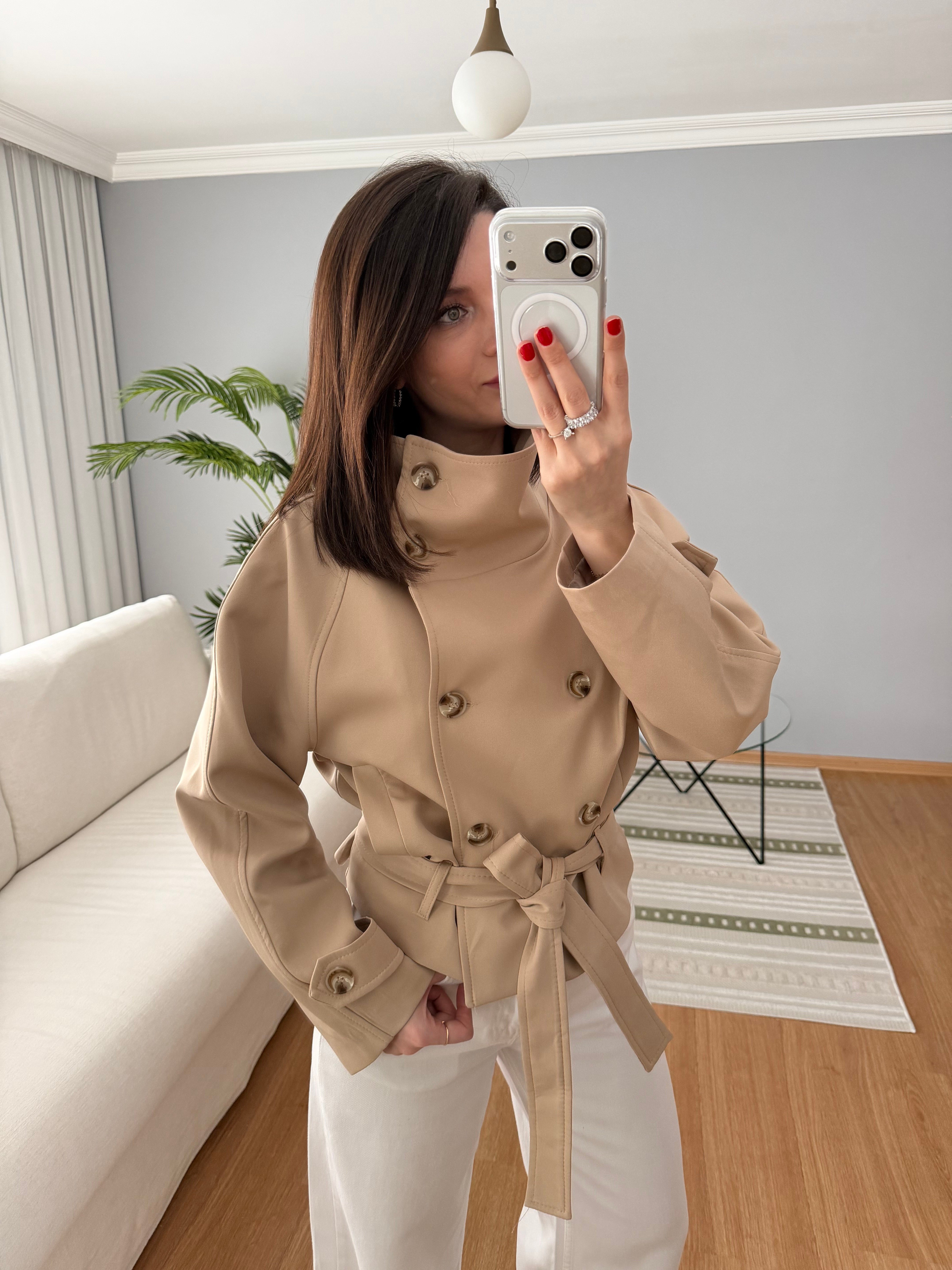 Dik Yaka Kuşaklı Camel Rengi Ceket