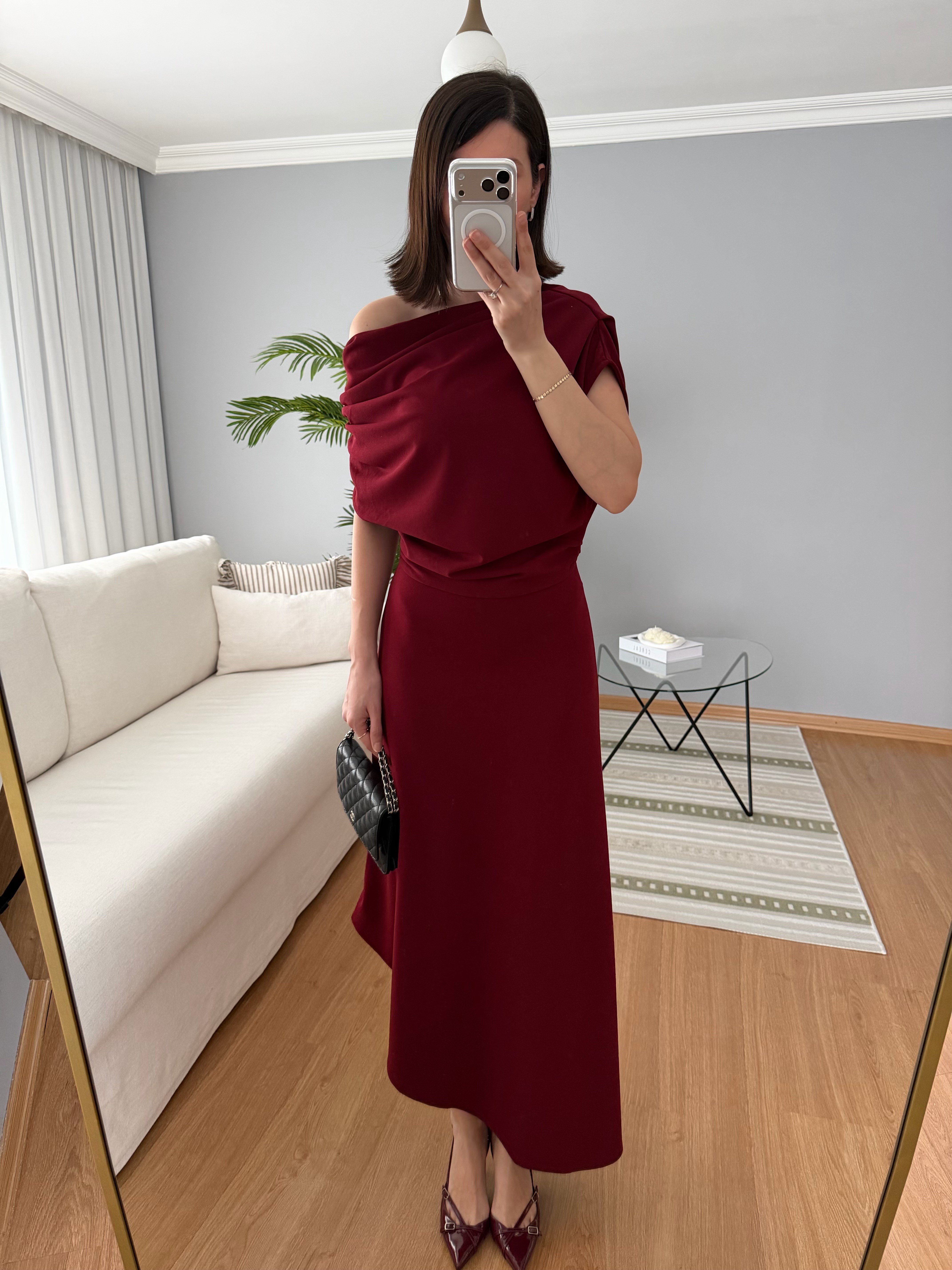 Evienne Kayık Yaka Bordo Renk Elbise