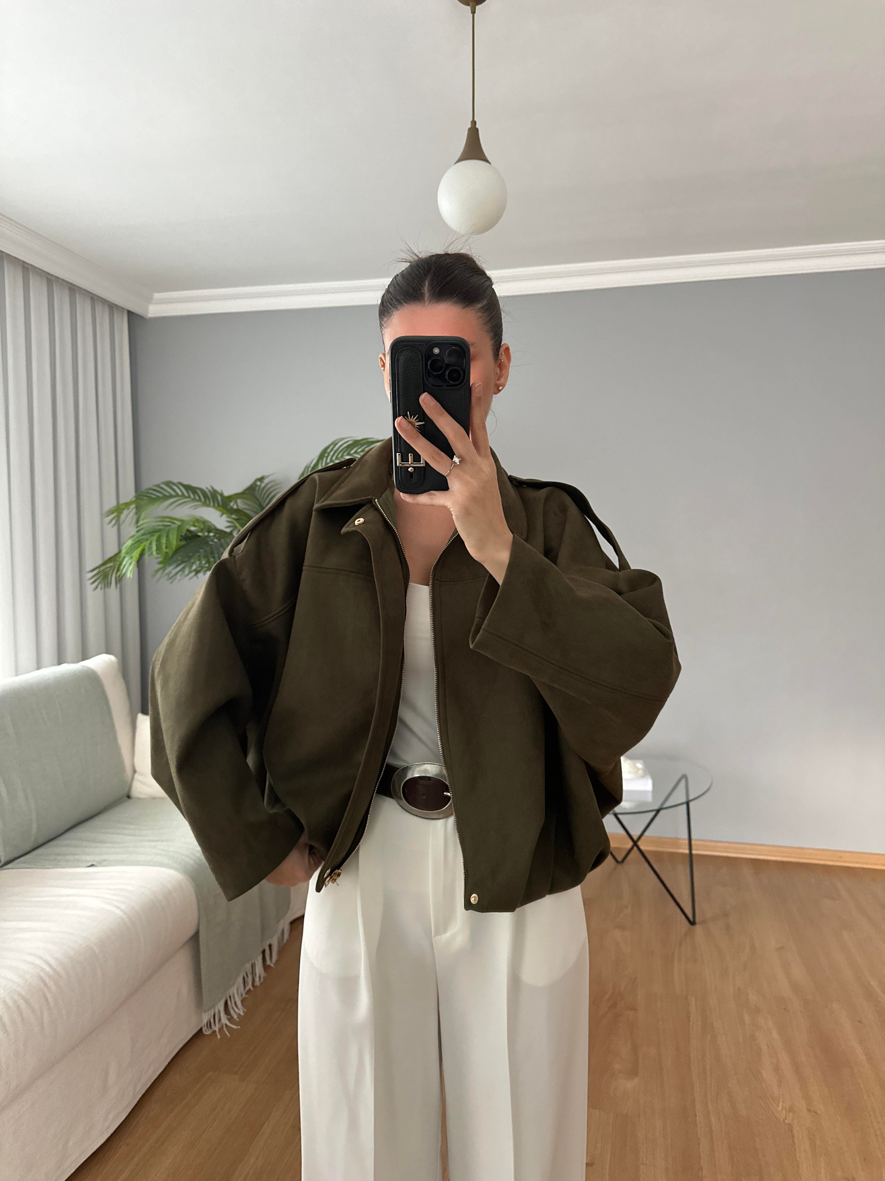 Haki Bomber Süet Ceket  