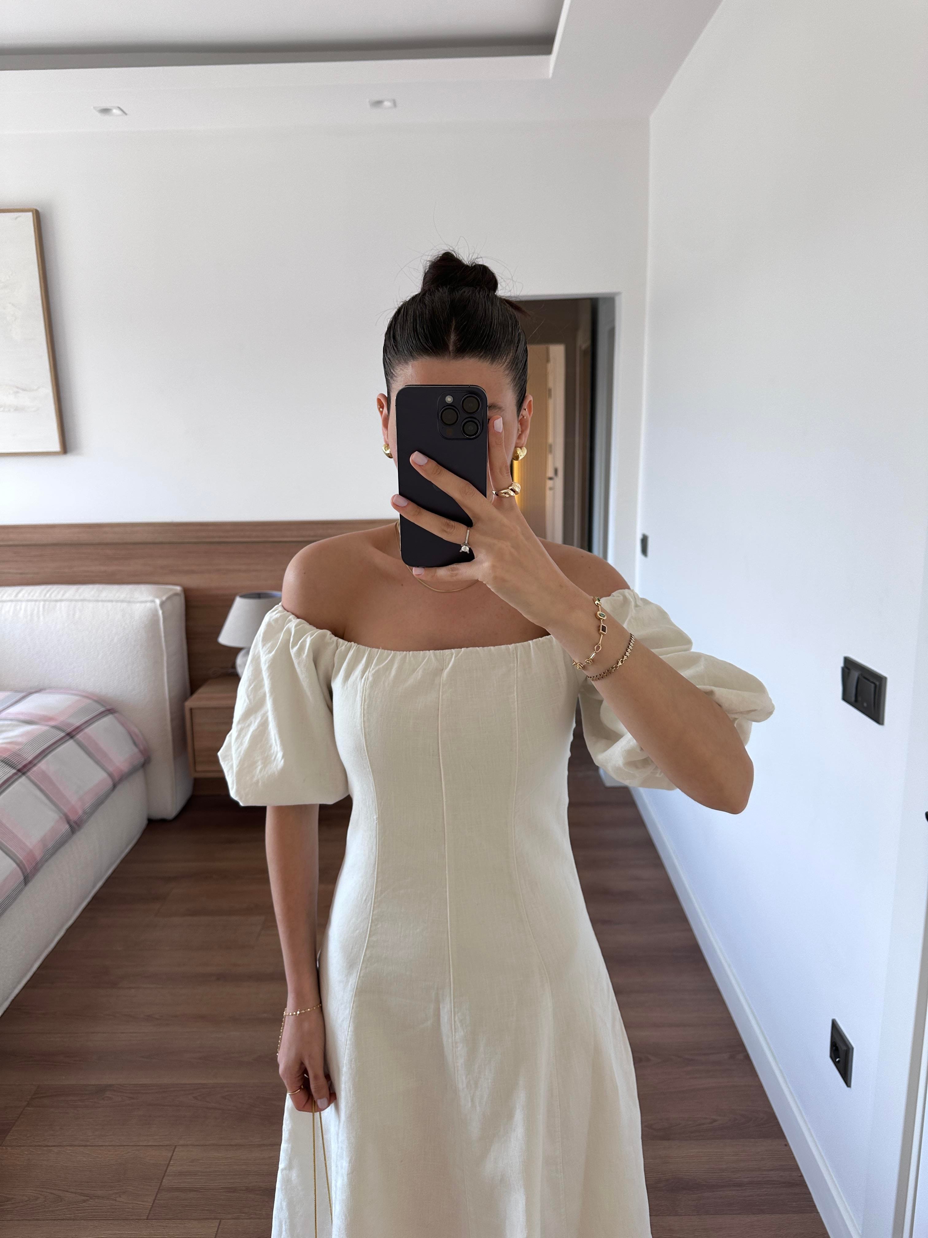 Jasmine Ekru Keten Elbise