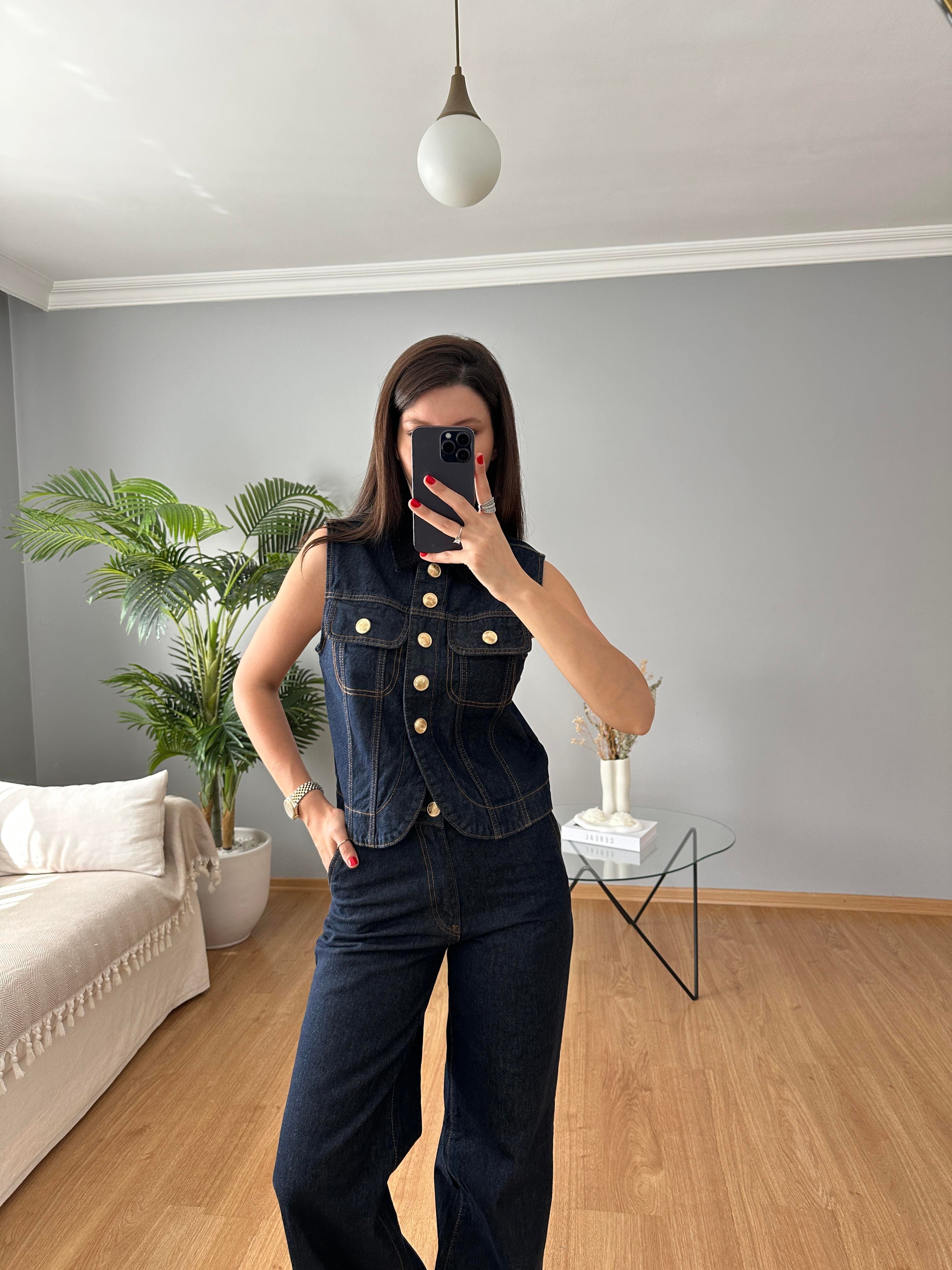 Kadife Yaka Denim Takım