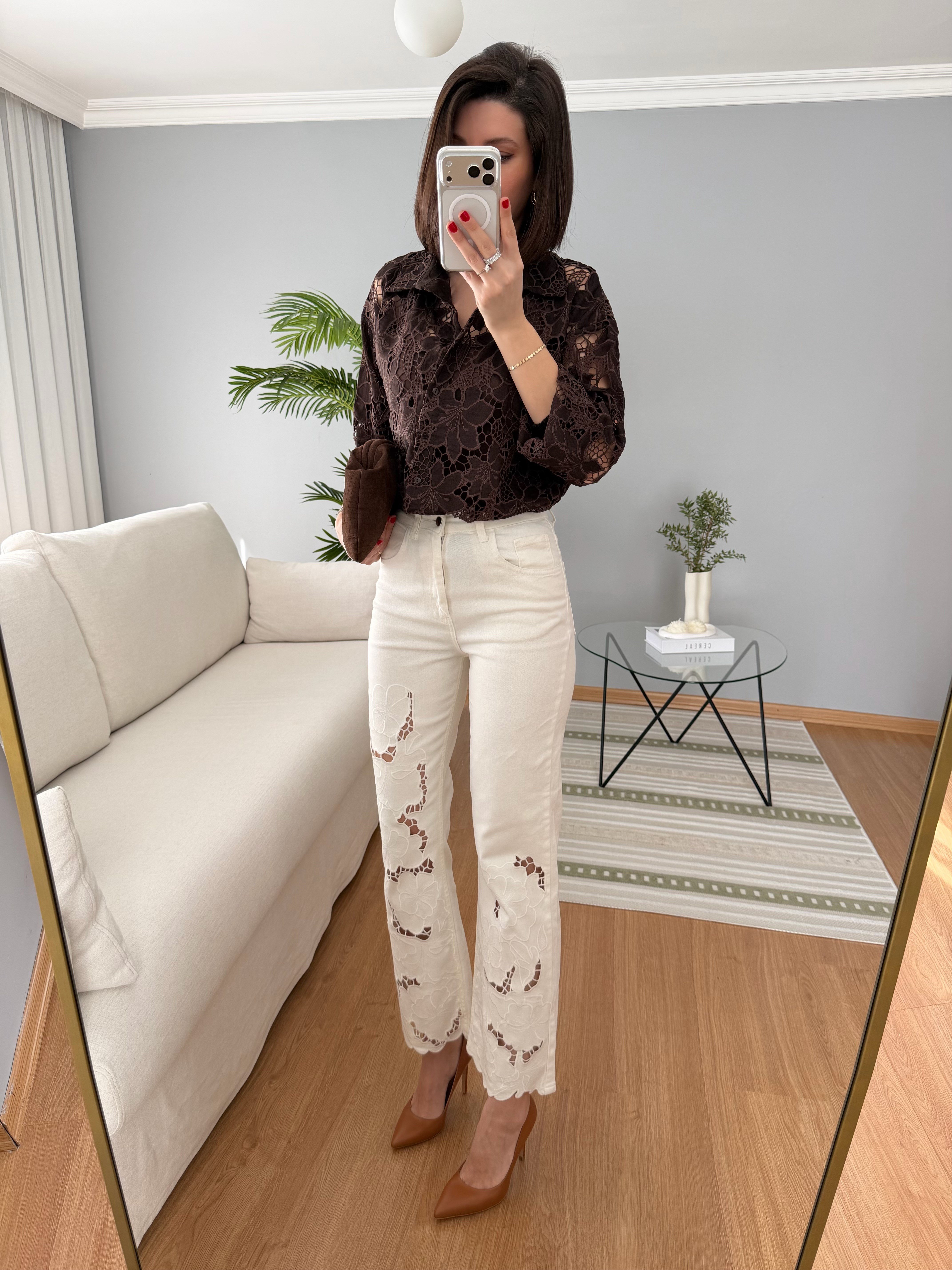 Marka Model Floral Desenli Ekru Jean