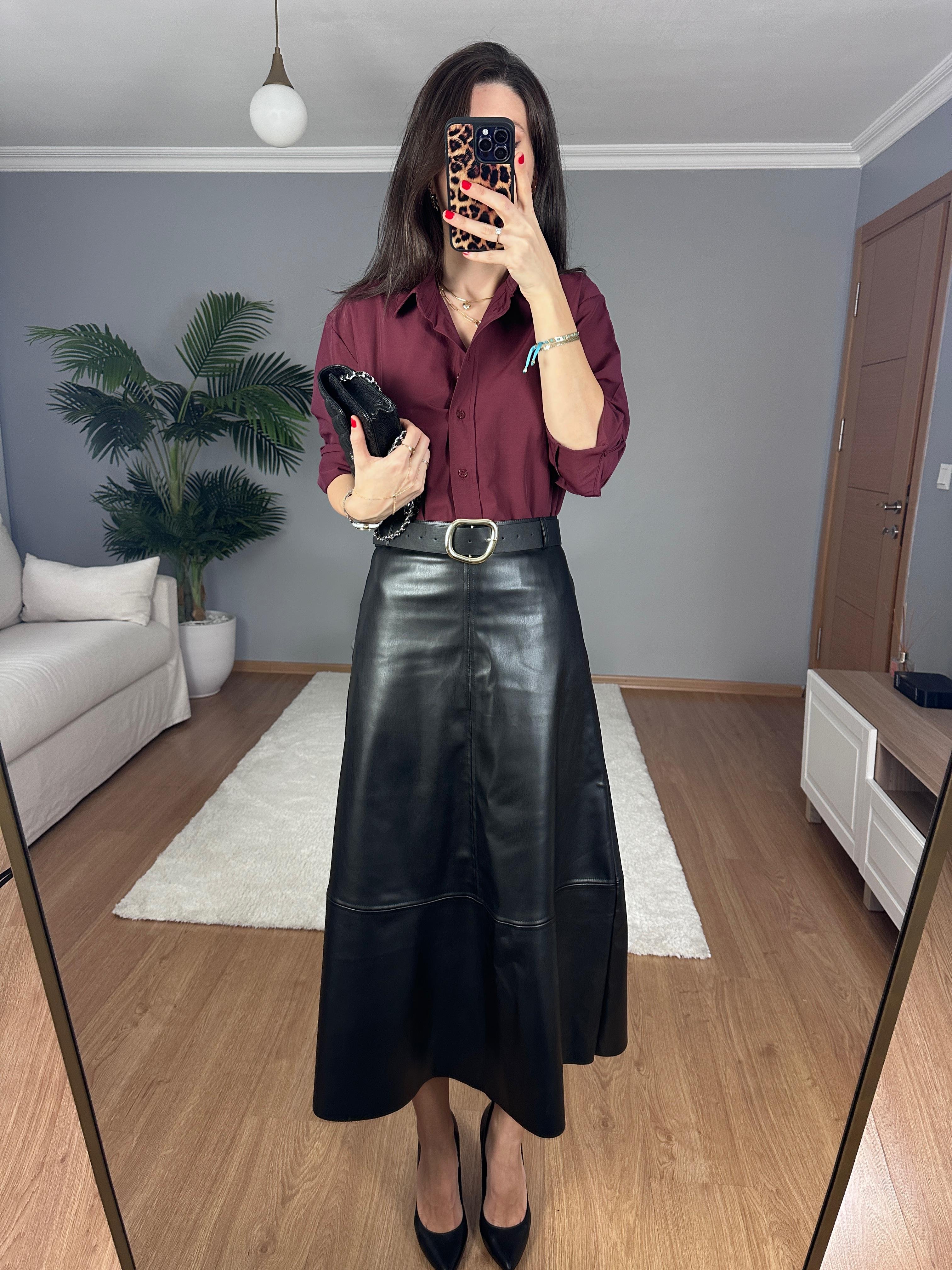Maxi Siyah Deri Etek