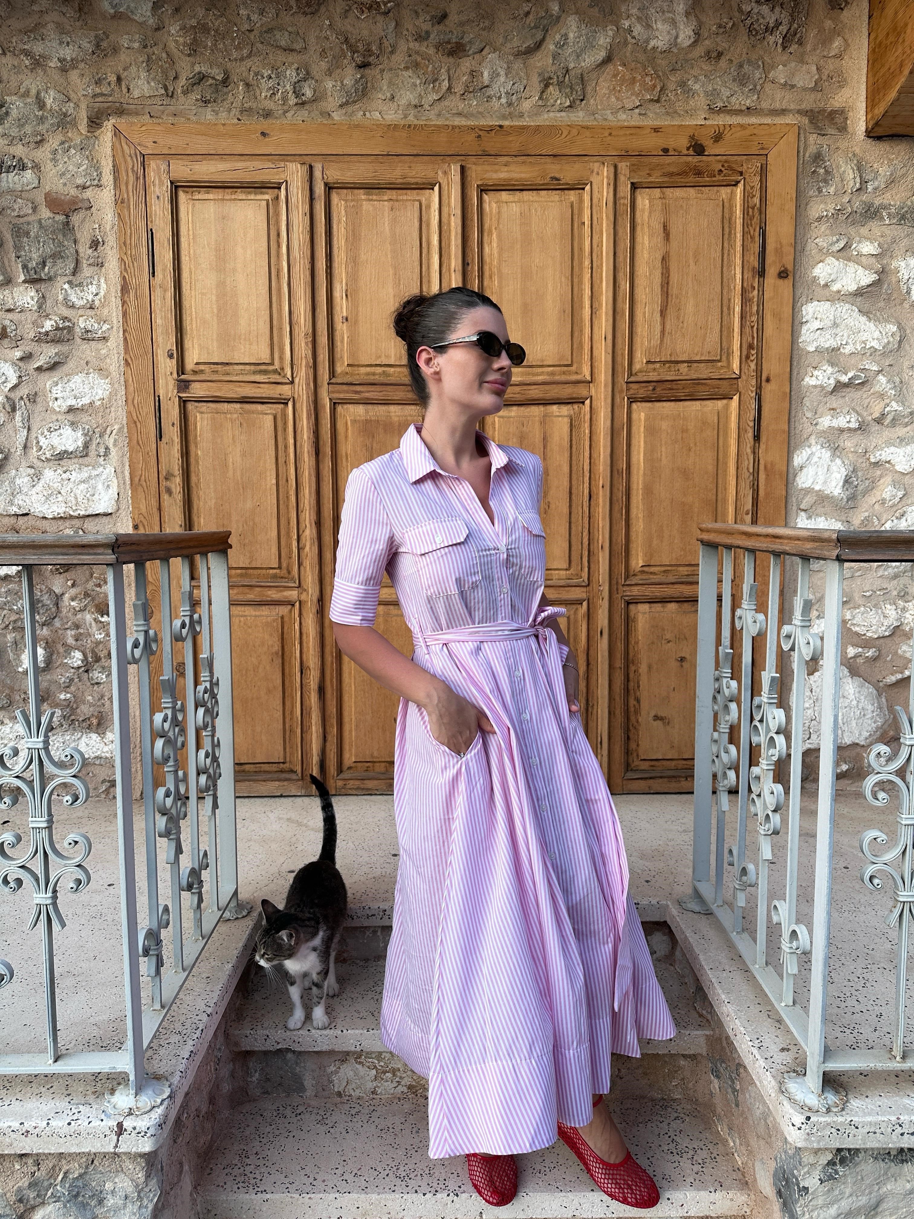 Pembe Çizgili Poplin Elbise