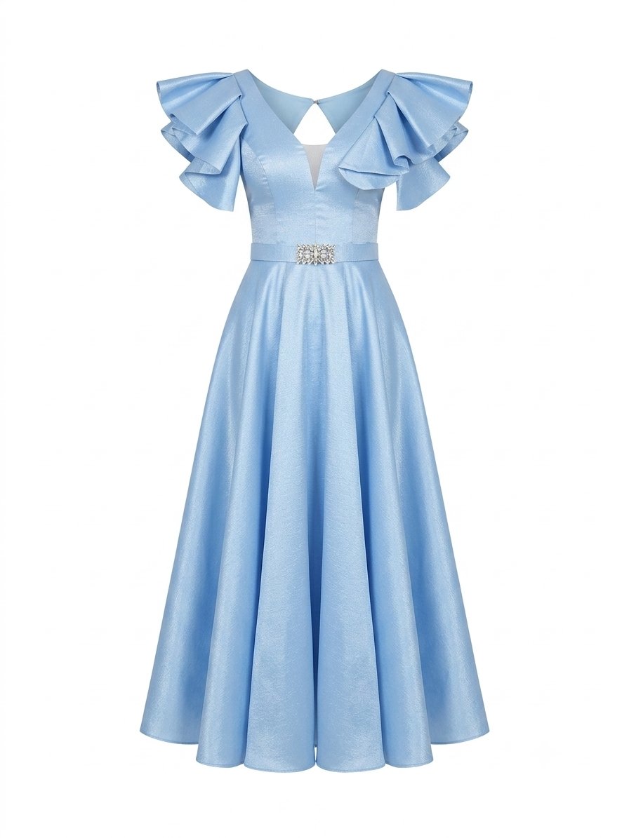 Sindy Baby Blue Taşlı Kemerli Maxi Elbise