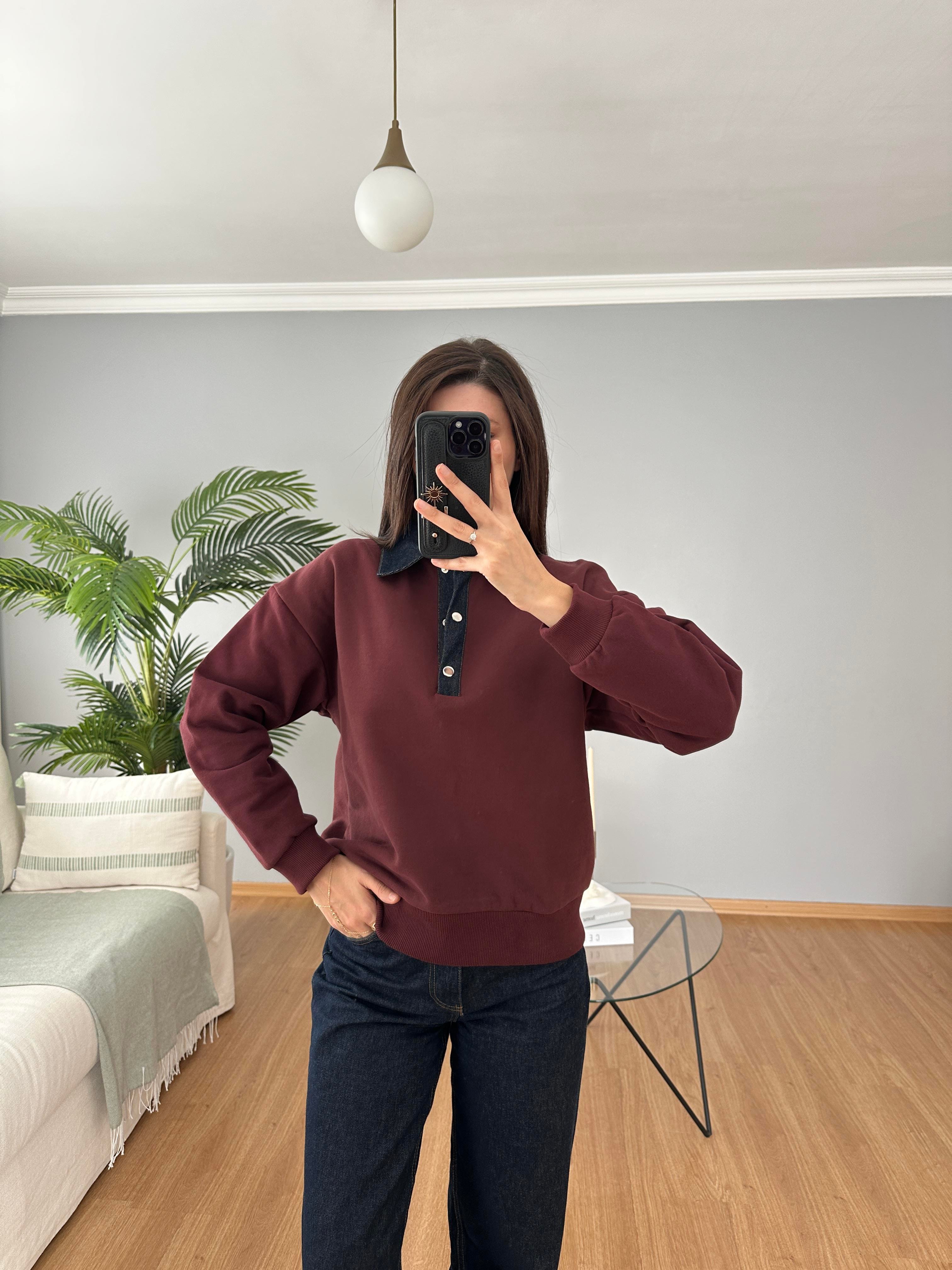 Yakası Denim Bordo Sweatshirt 