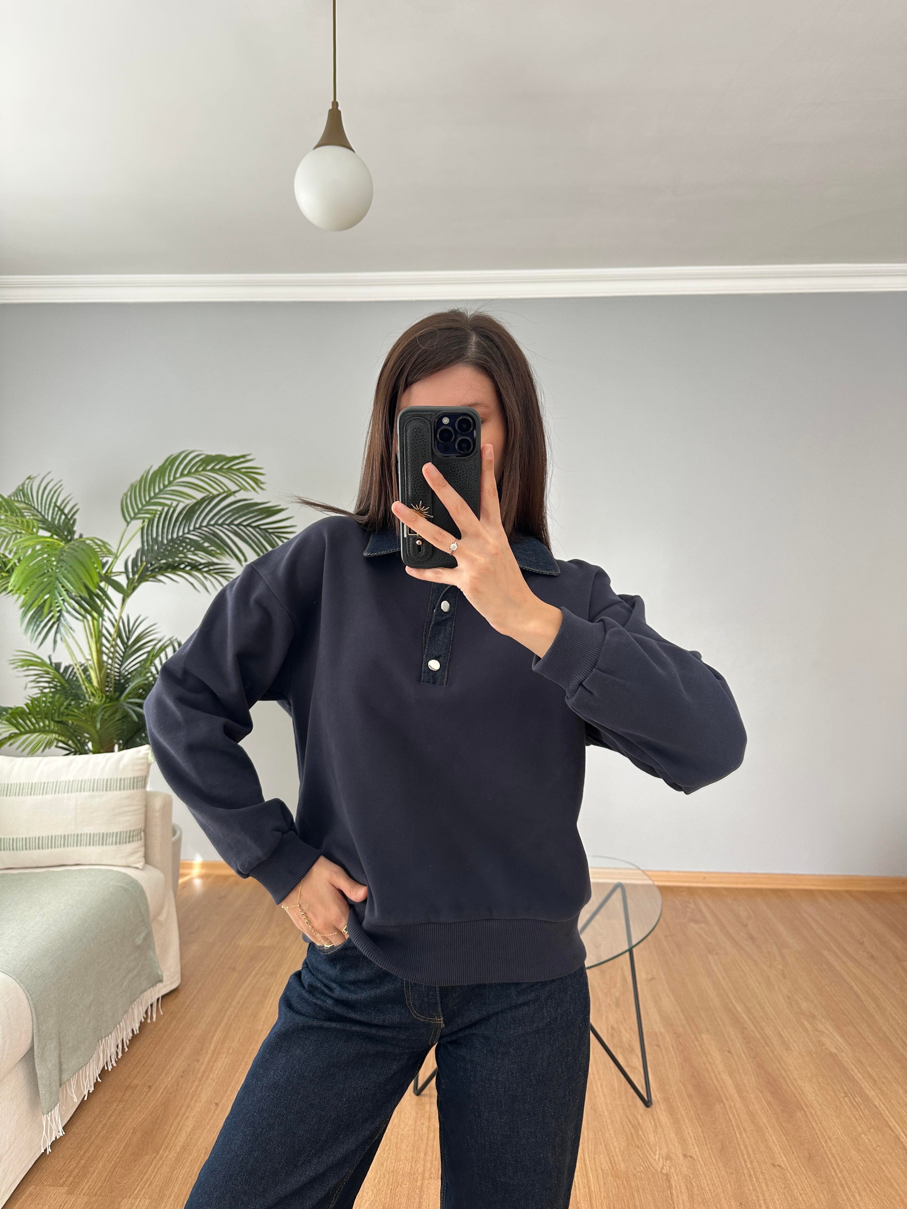 Yakası Denim Lacivert Sweatshirt 