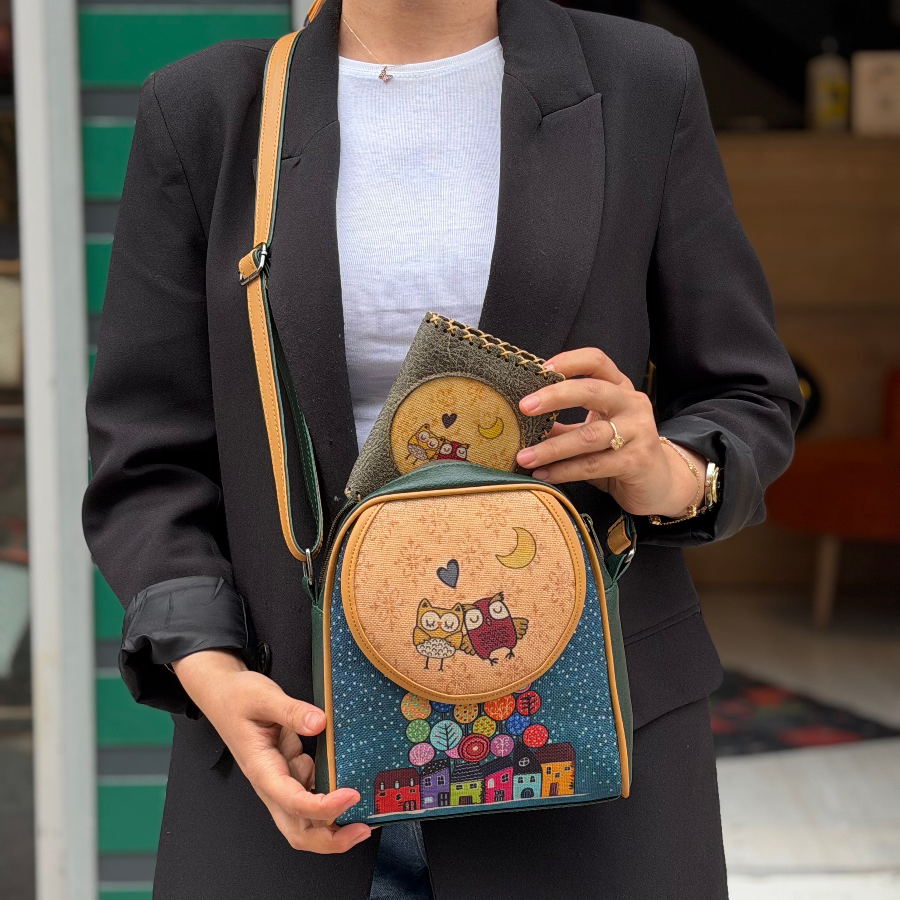 Baykuş Figürlü Küçük Postacı Omuz Çantası Etnik Bohem Style  Küçük Cüzdan Kombin - Yesil