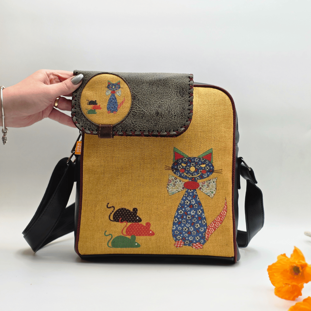 Fare Kedi Figürlü Büyük Postacı Kol Çantası Etnik Bohem Style Çanta Cüzdan Çanta Yesil, Cüzdan Yesil Kombin