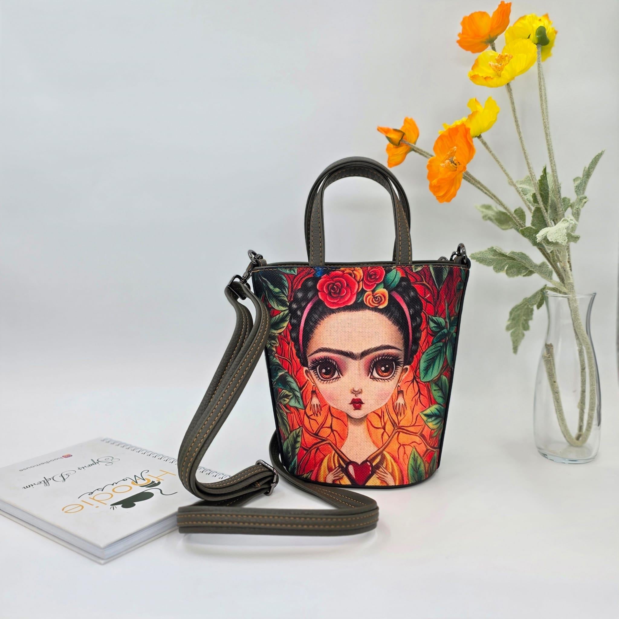 Frida Figürlü Kova Model Çanta Etnik Bohem Style - YESİL