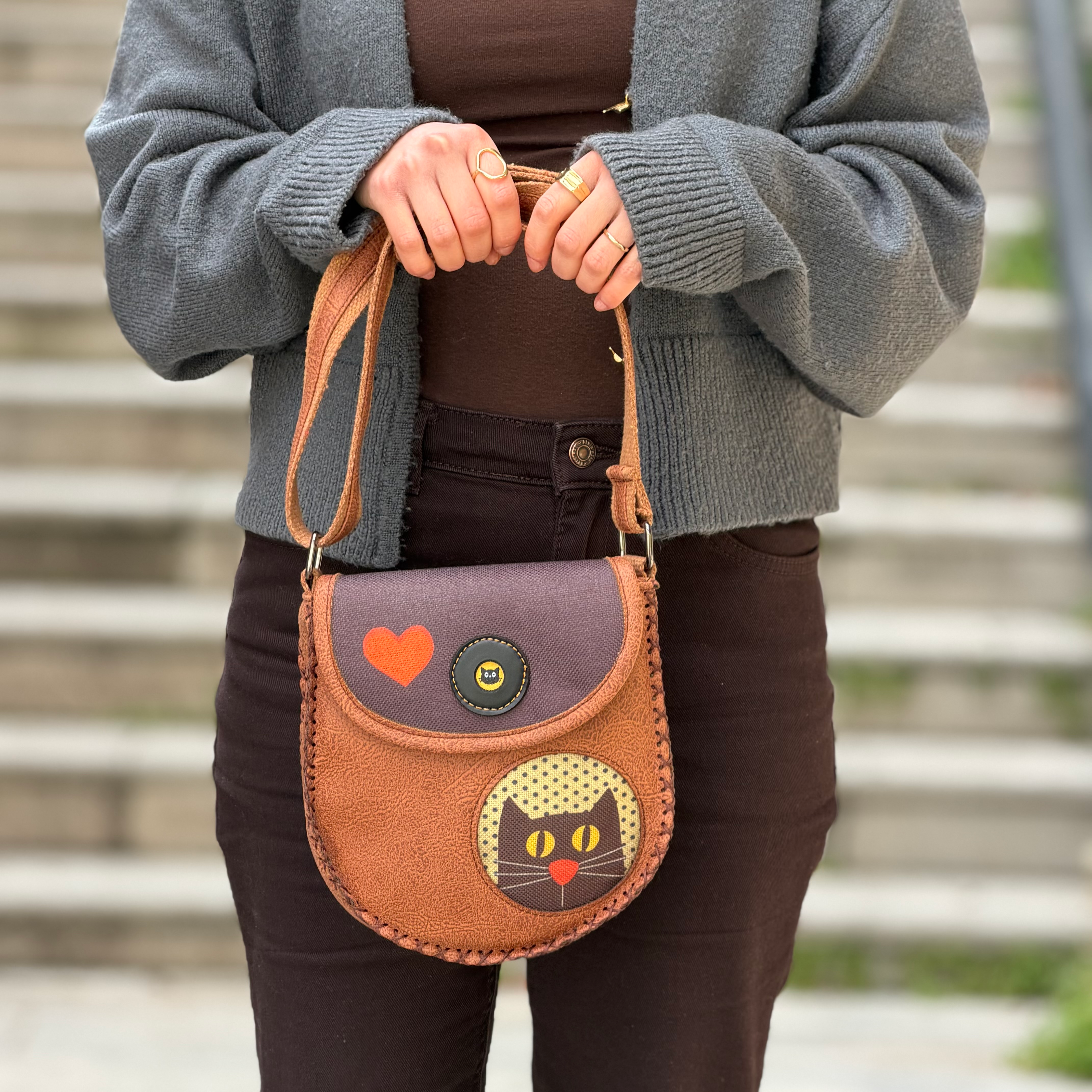 Kedi Aşkı Figürlü Çapraz Örgülü Kol Çantası Etnik Bohem Style - Taba