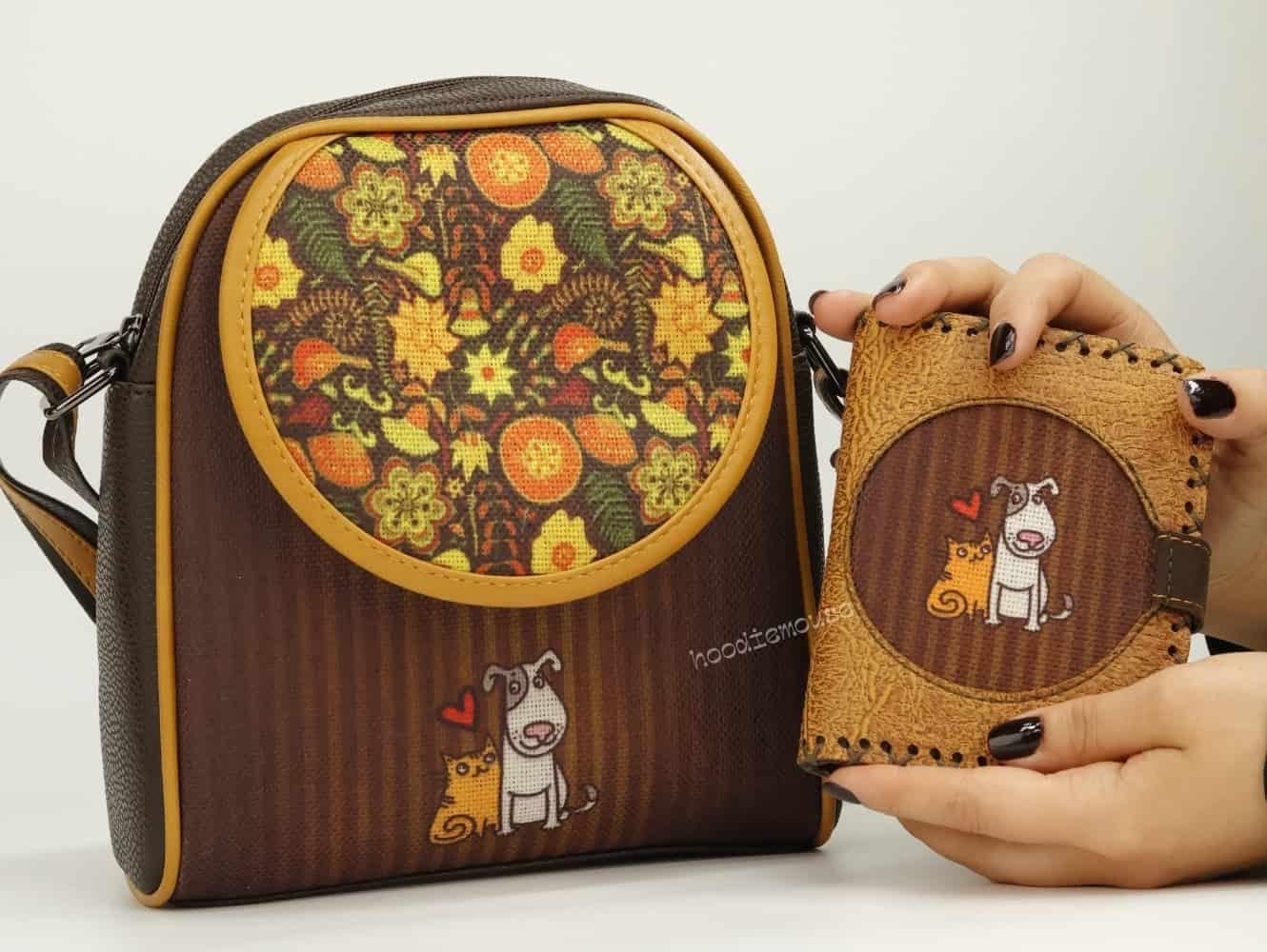 Kedi Ve Köpek Figürlü Küçük Postacı Çanta ve Küçük Cüzdan Kombin (Çanta Kahve, Cüzdan Hardal)