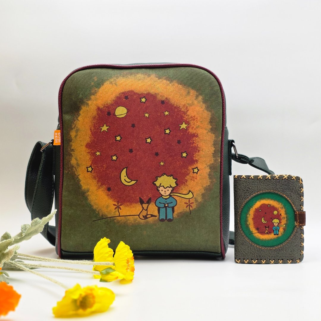 Küçük Prens Figürlü Büyük Postacı Kol Çantası Yesil, EKüçük Cüzdan Yesil Etnik Bohem Style KOMBİN