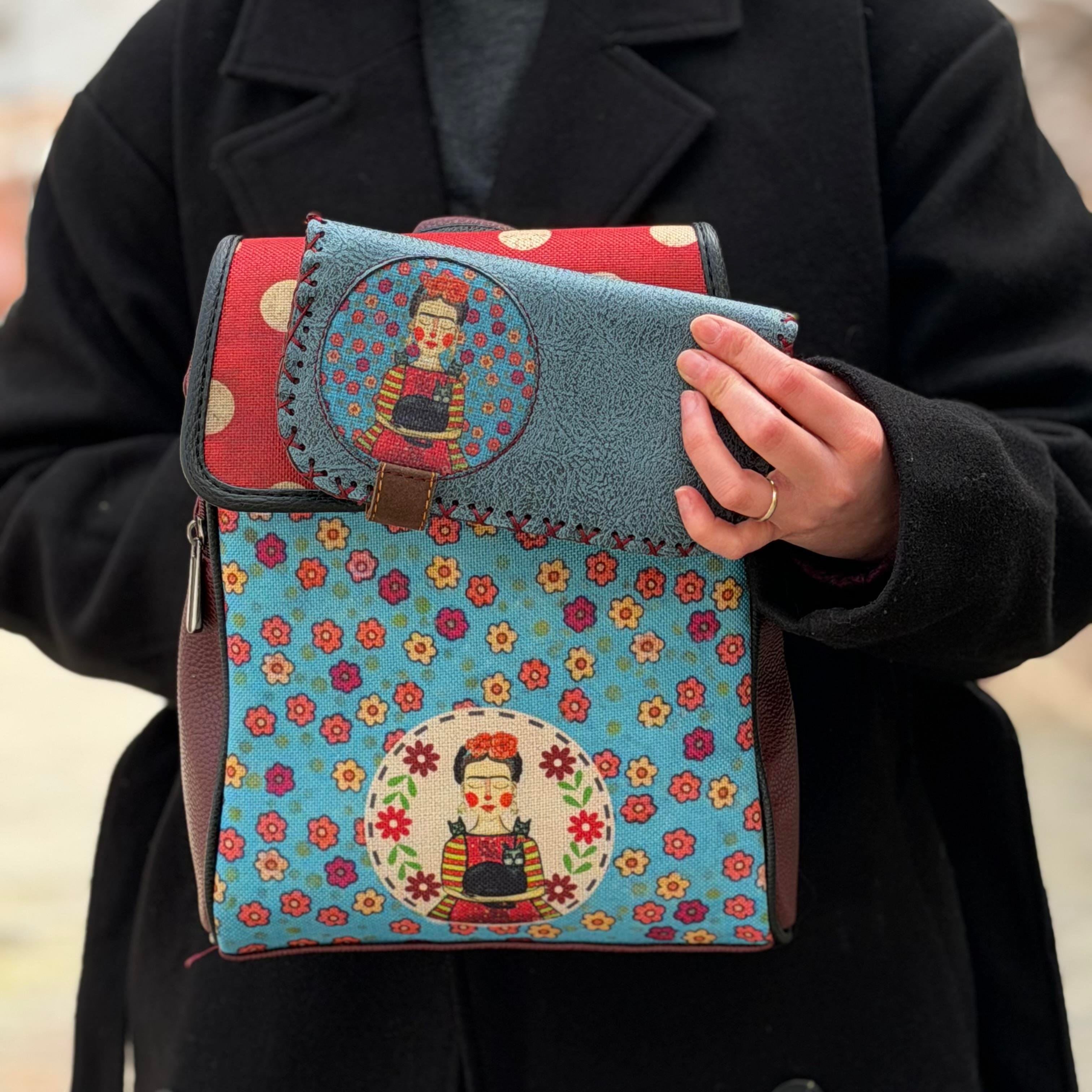 Mavi Frida Figürlü Kapaklı Sırt Çantası Bordo, Cüzdan Petrol Etnik Bohem Style Kombin 
