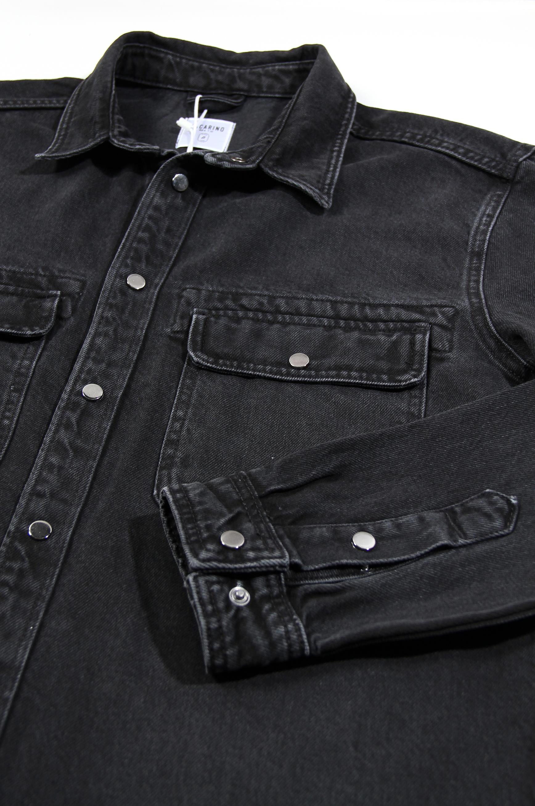 LACARINOBlack Denim Shirt with Flap Pocket Detail