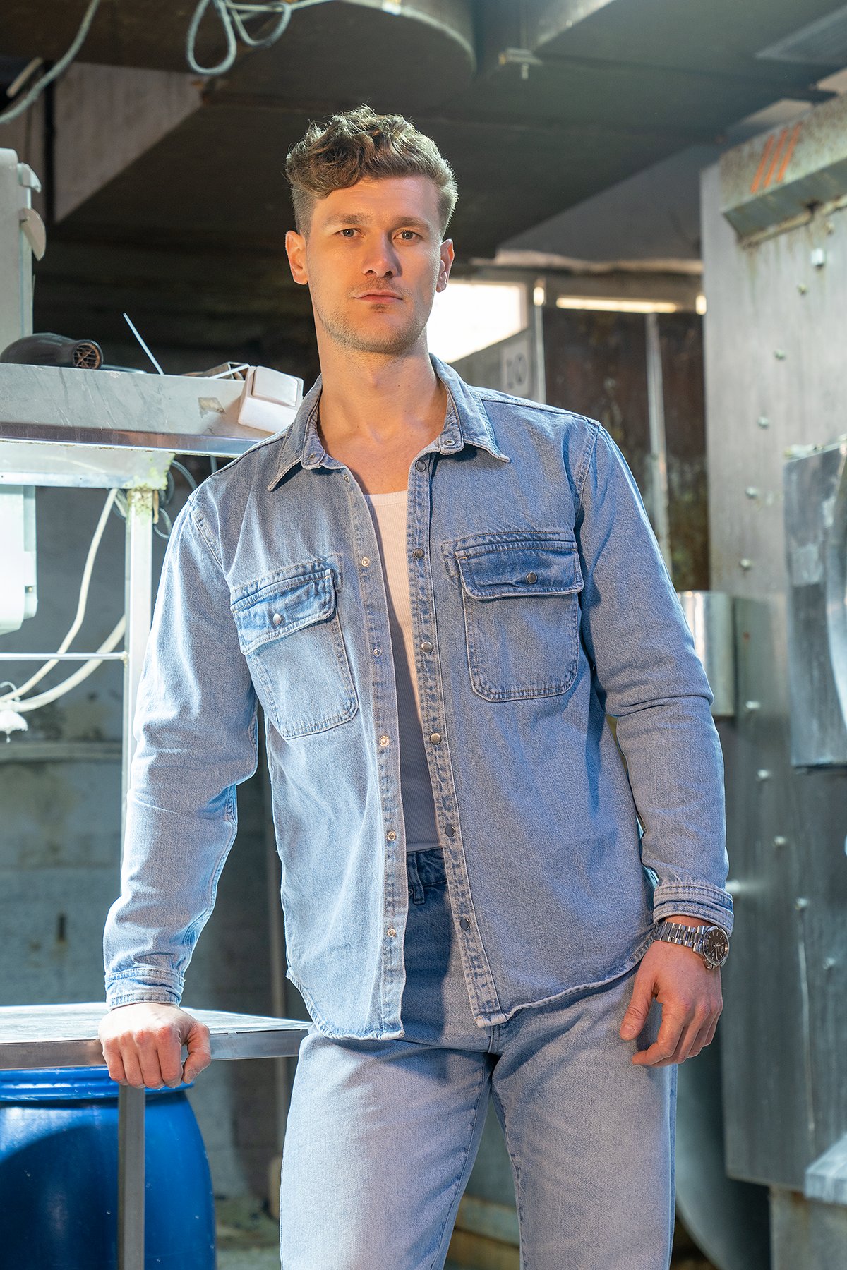 Light Blue Denim Shirt with Pocket Details