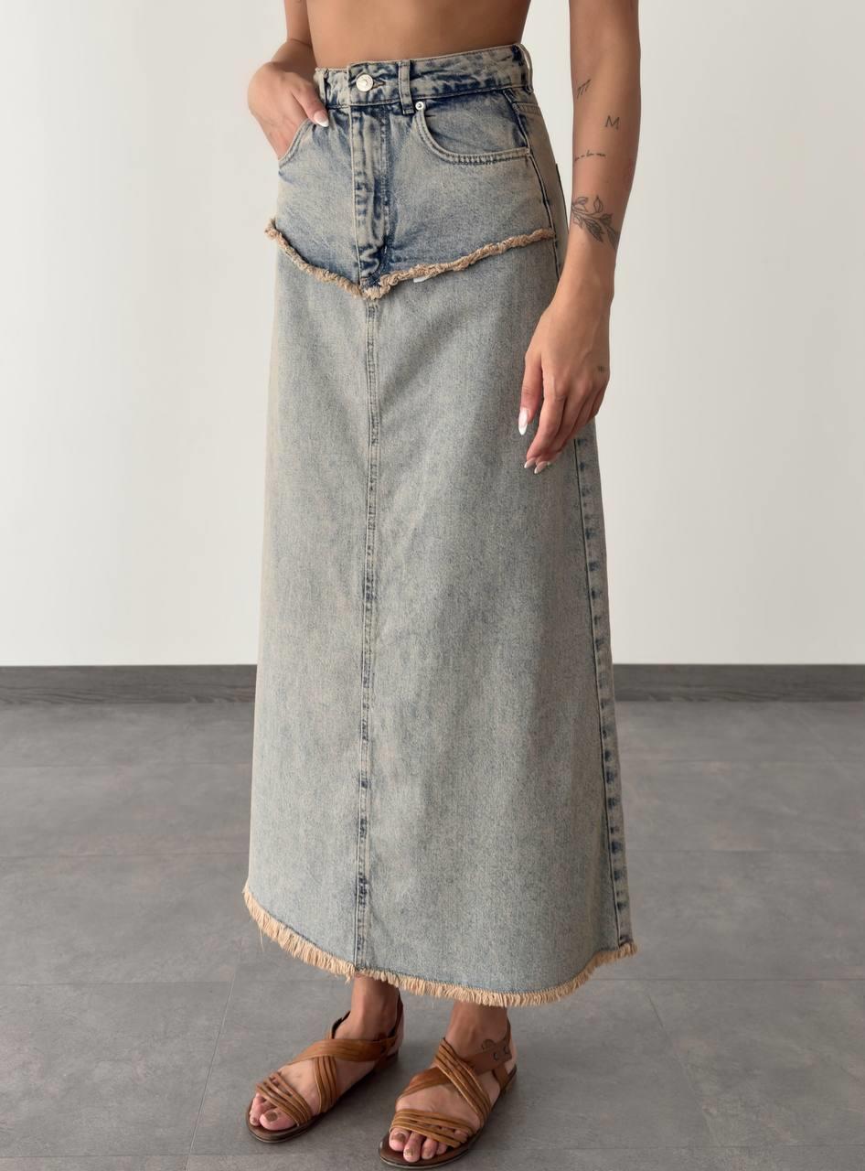 Ankle Length Green Tint Denim Skirt with Dirty Stitching Detail