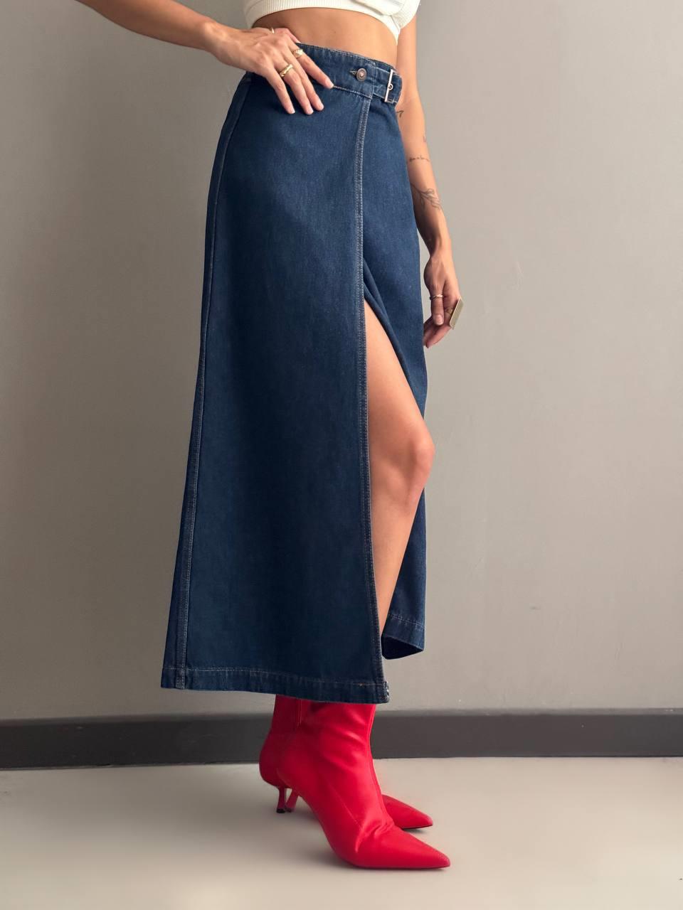 Slit Detailed Ankle Length Dark Blue Skirt