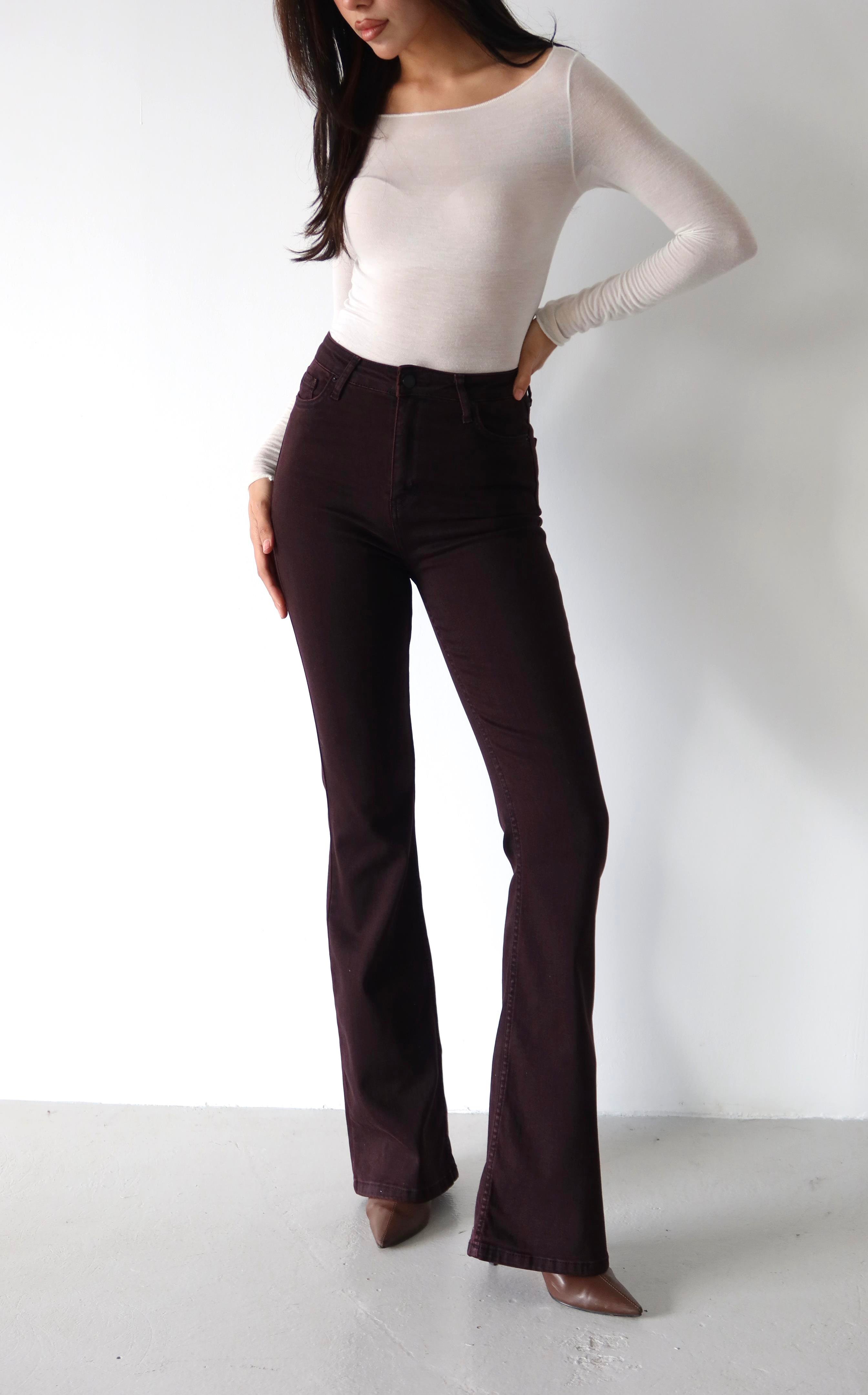 LACARINOYüksek Bel Dar Kalıp İspanyol Paça Bordo Jean Pantolon