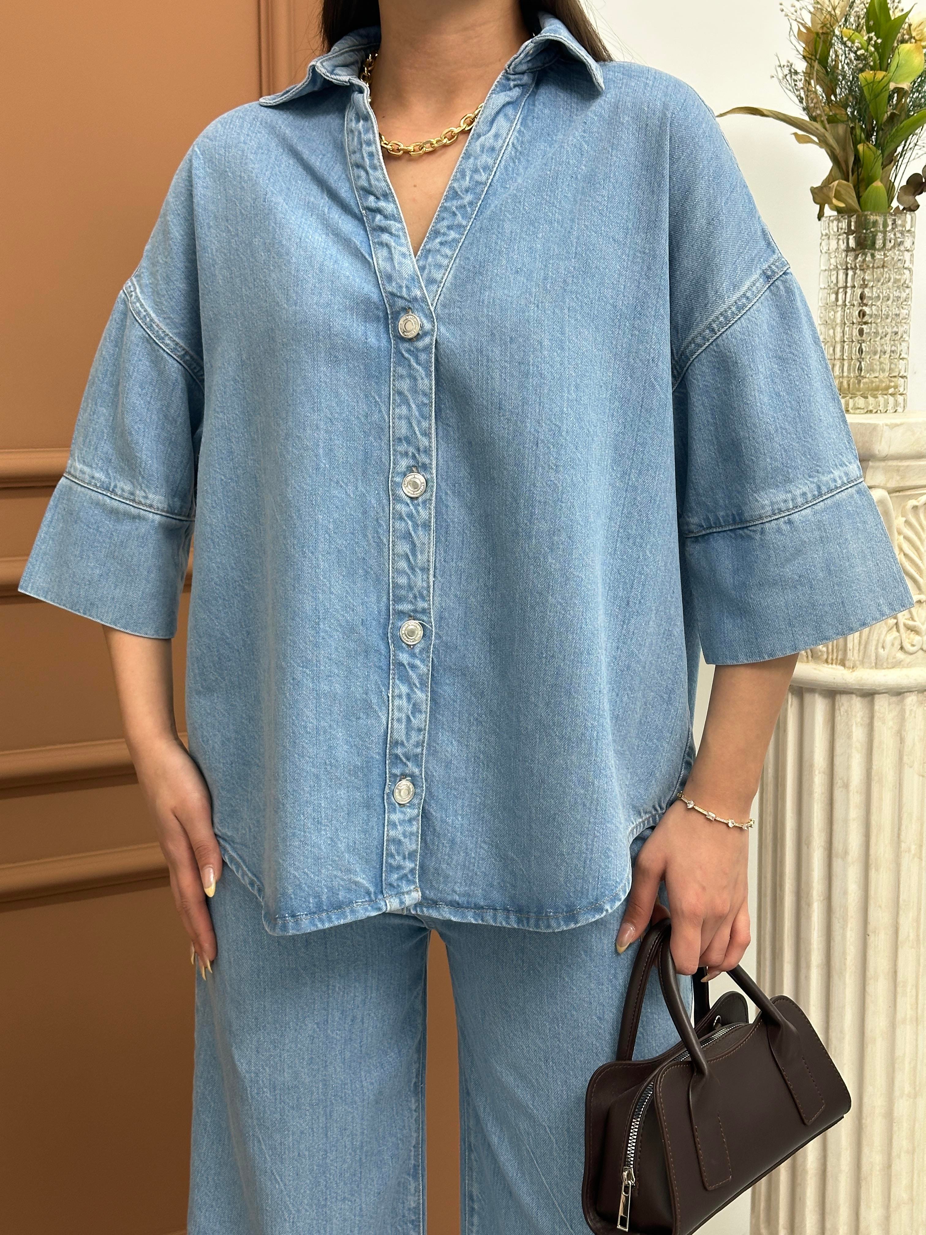 Half Sleeve Back Bridge Detail Light Blue Denim Shirt