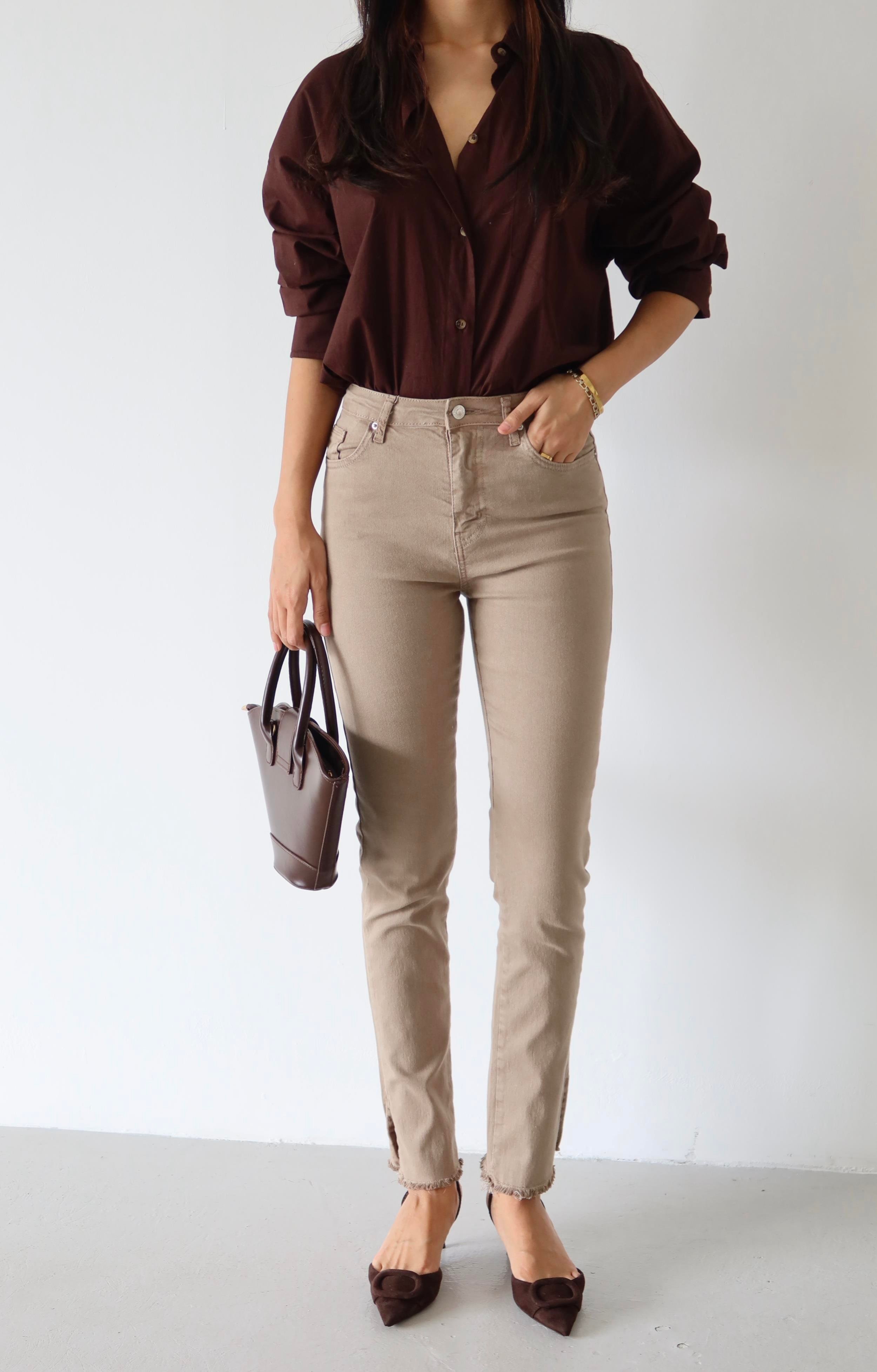 LACARINOYüksek Bel Paça Yırtmaç Detaylı Vizon Mia Jean Pantolon