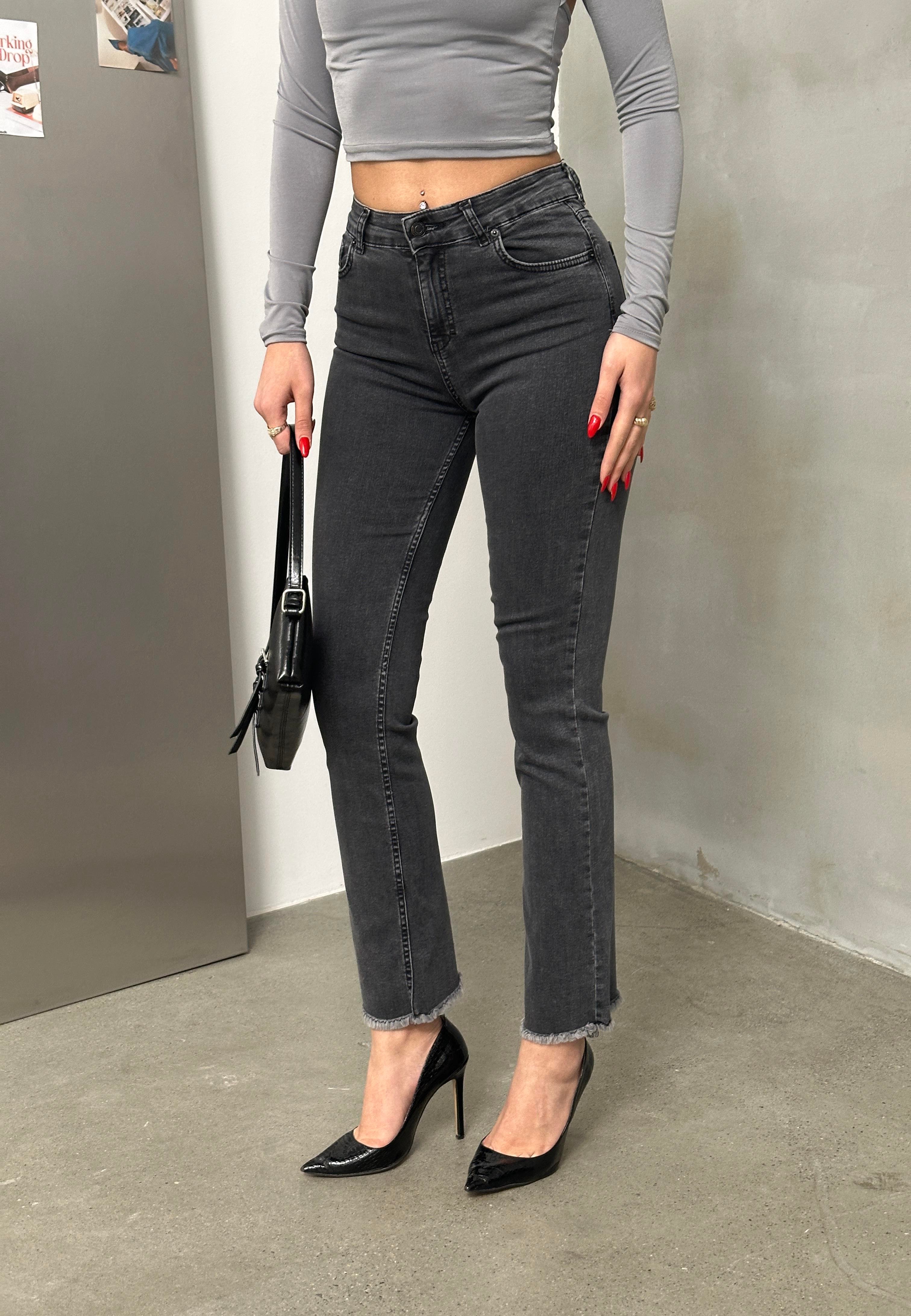 High Waist Leg Tassel Detailed Anthracite Jeans