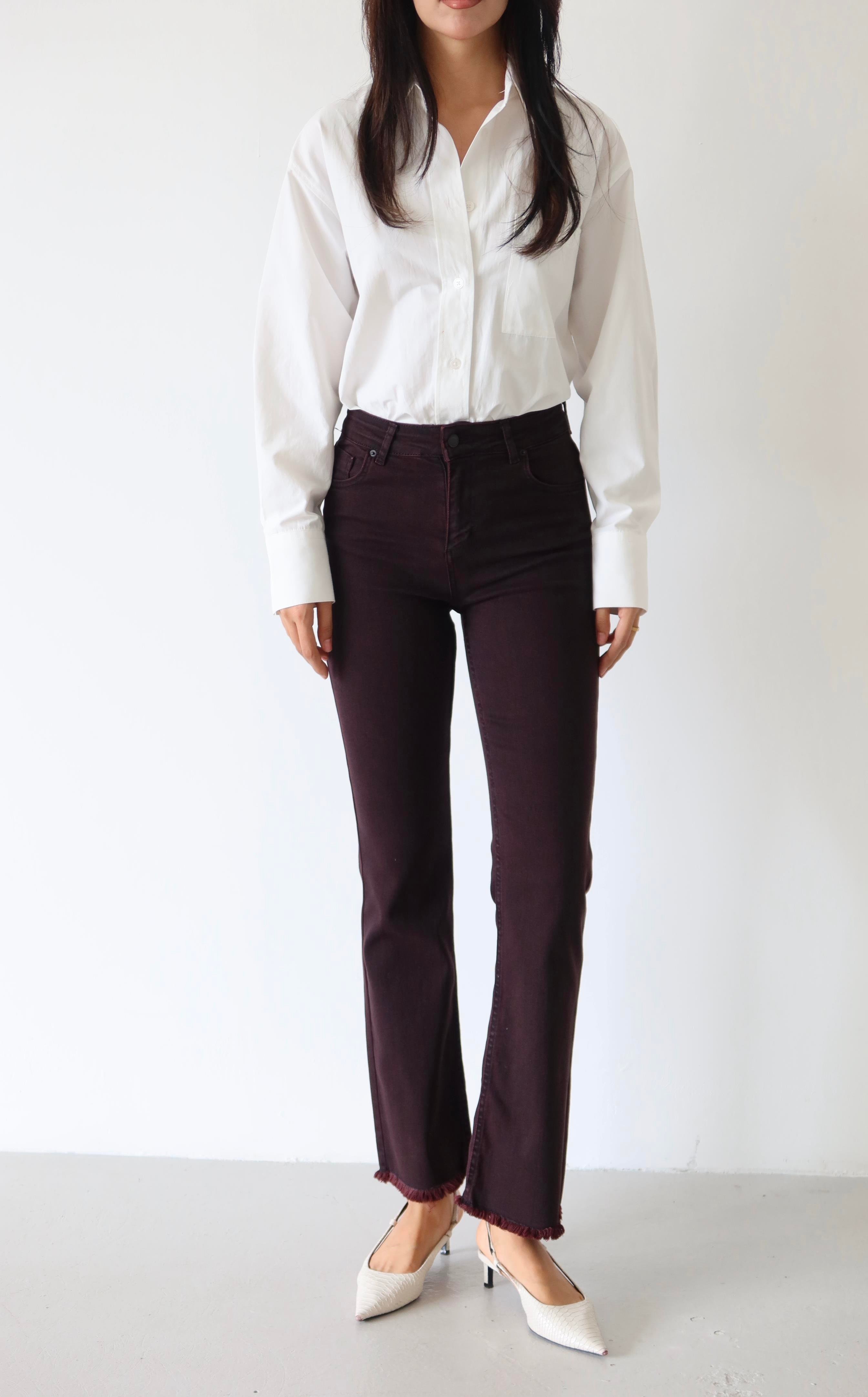 LACARINOYüksek Bel Dar Kalıp Paça Püskül Detaylı Bordo Jean Pantolon