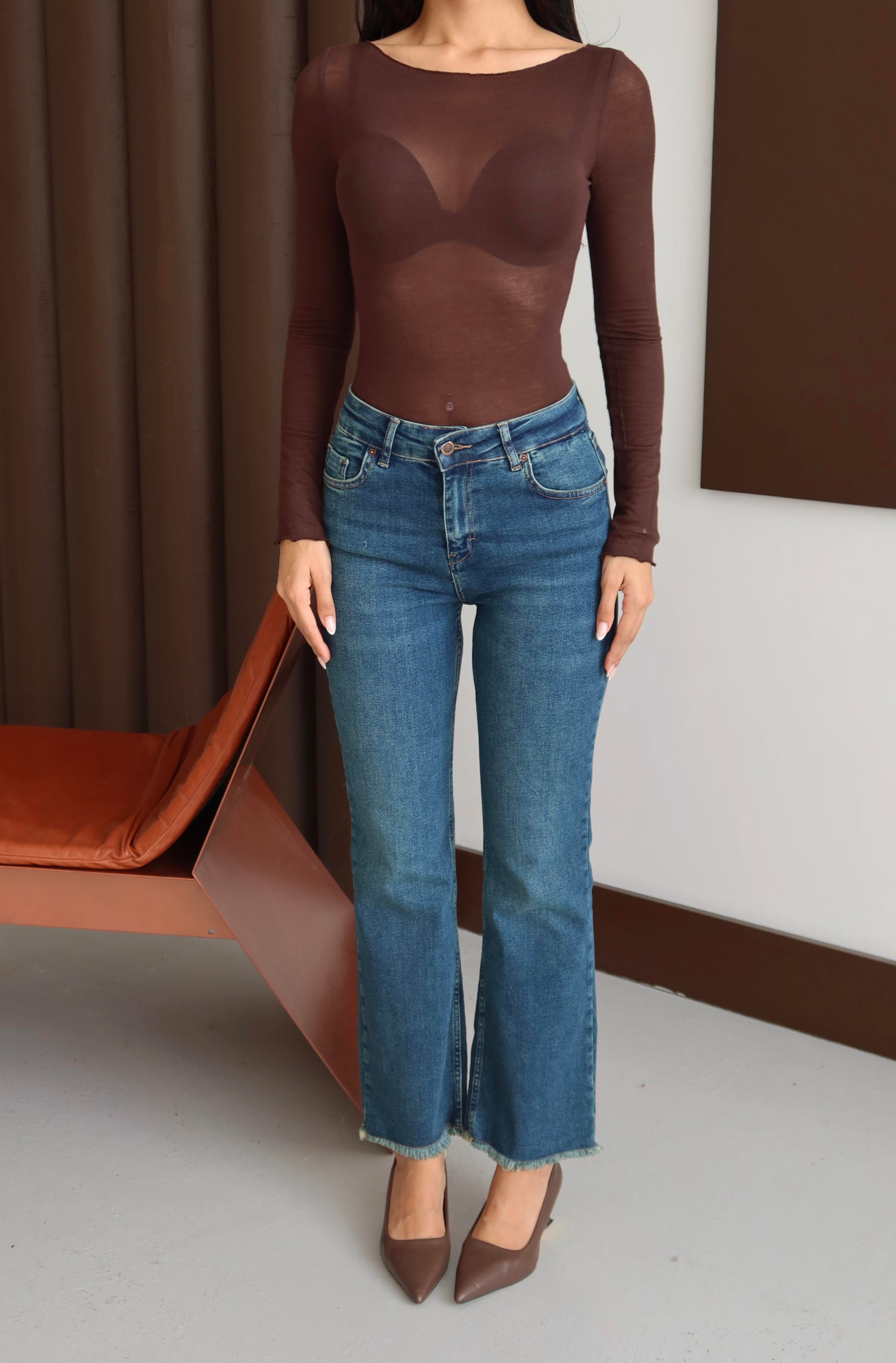 LACARINOYüksek Bel Paça Püskül Detaylı Ara Beden Yeşil Tint Jean Pantolon