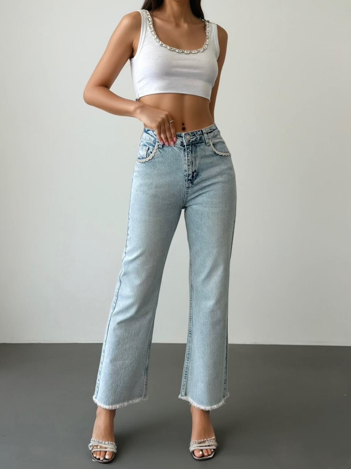 High Waist Front Pocket Stone Engraved Detailed Light Blue Jeans
