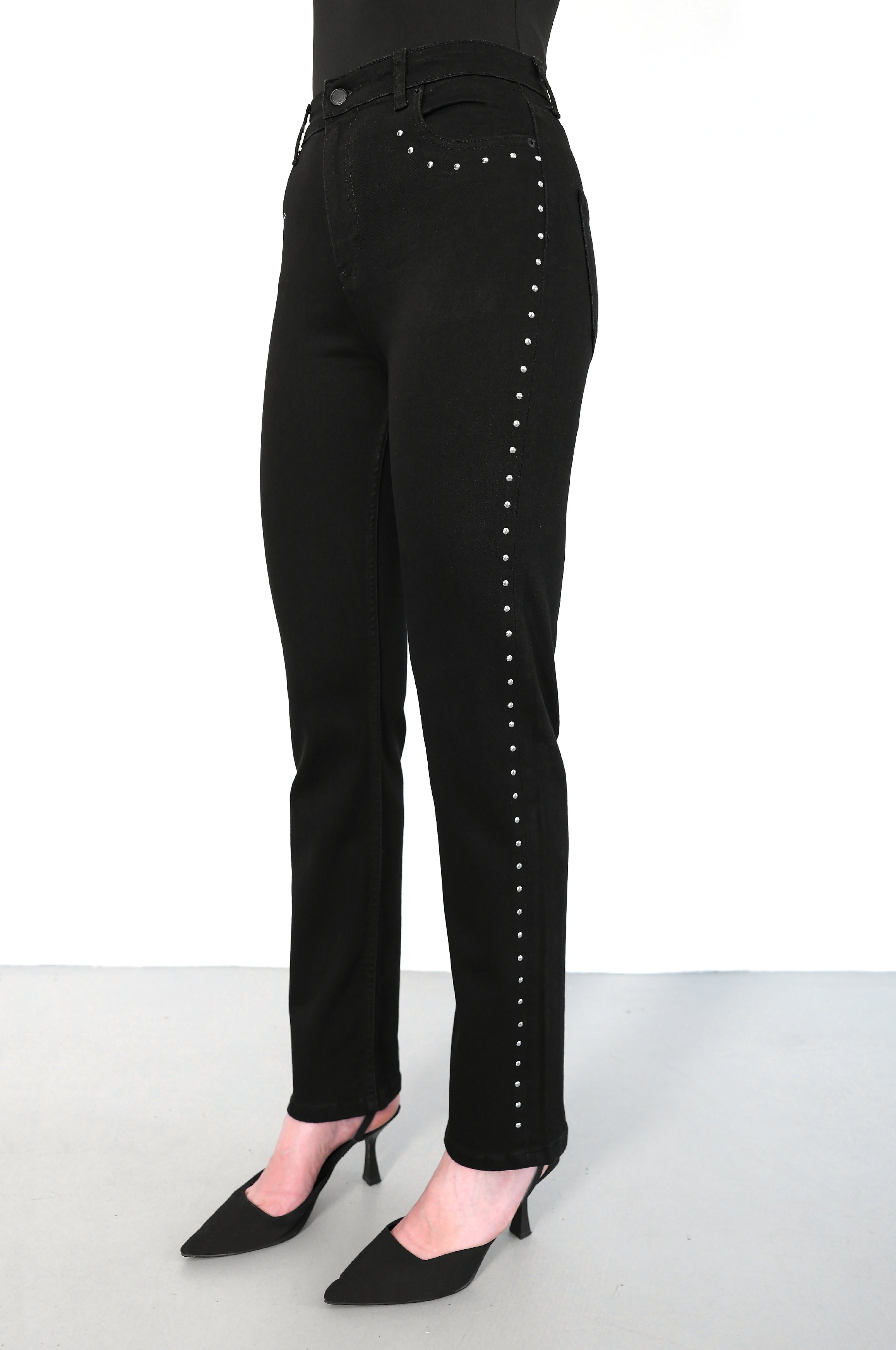 LACARINOYüksek Bel Boru Kesim Drop Detaylı Black Jean Pantolon