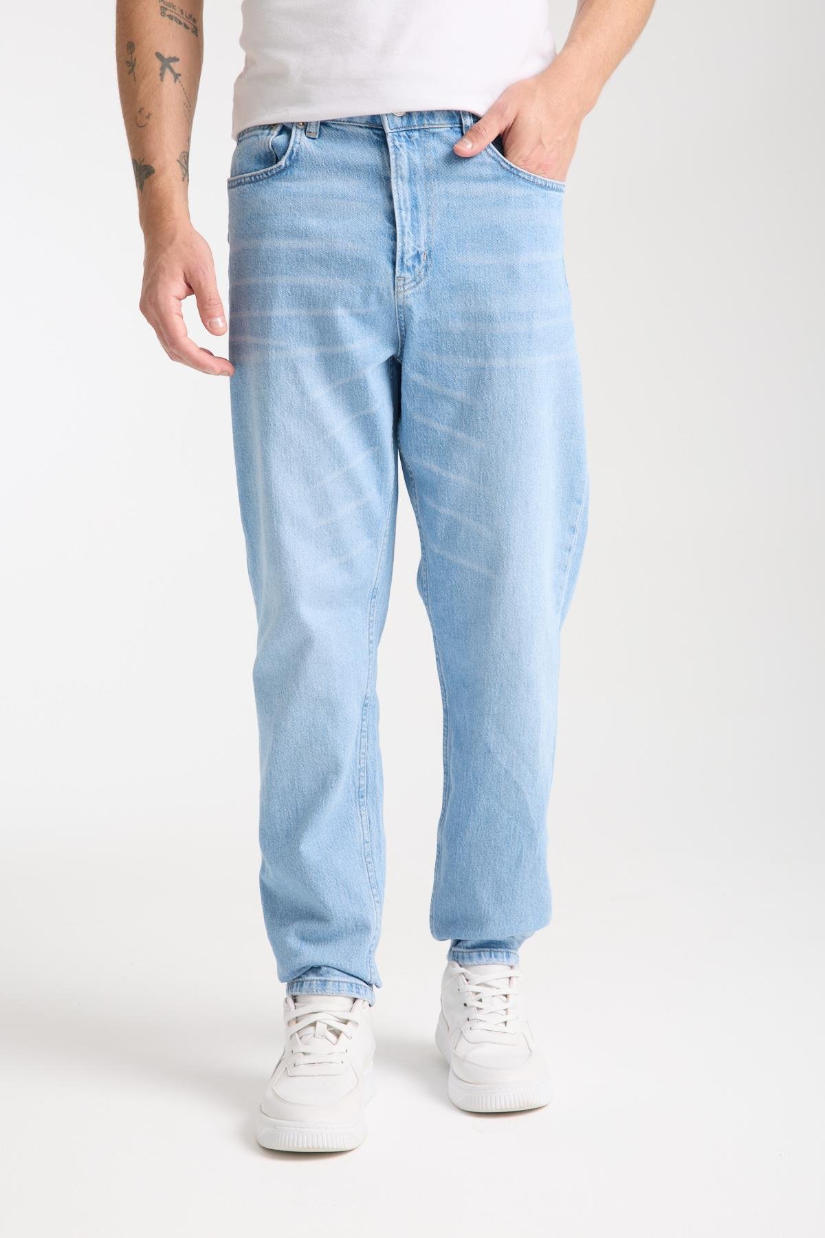 LACARINOErkek Yüksek Bel Dar Paça Dark Light Blue Jean Pantolon