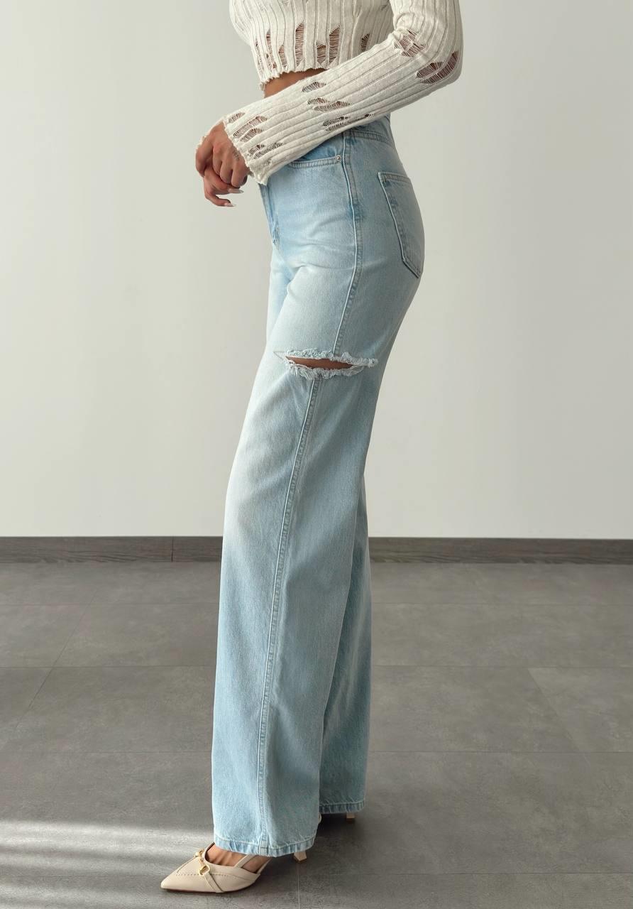 High Waist Cutout Detail Blue Wide Leg Jeans