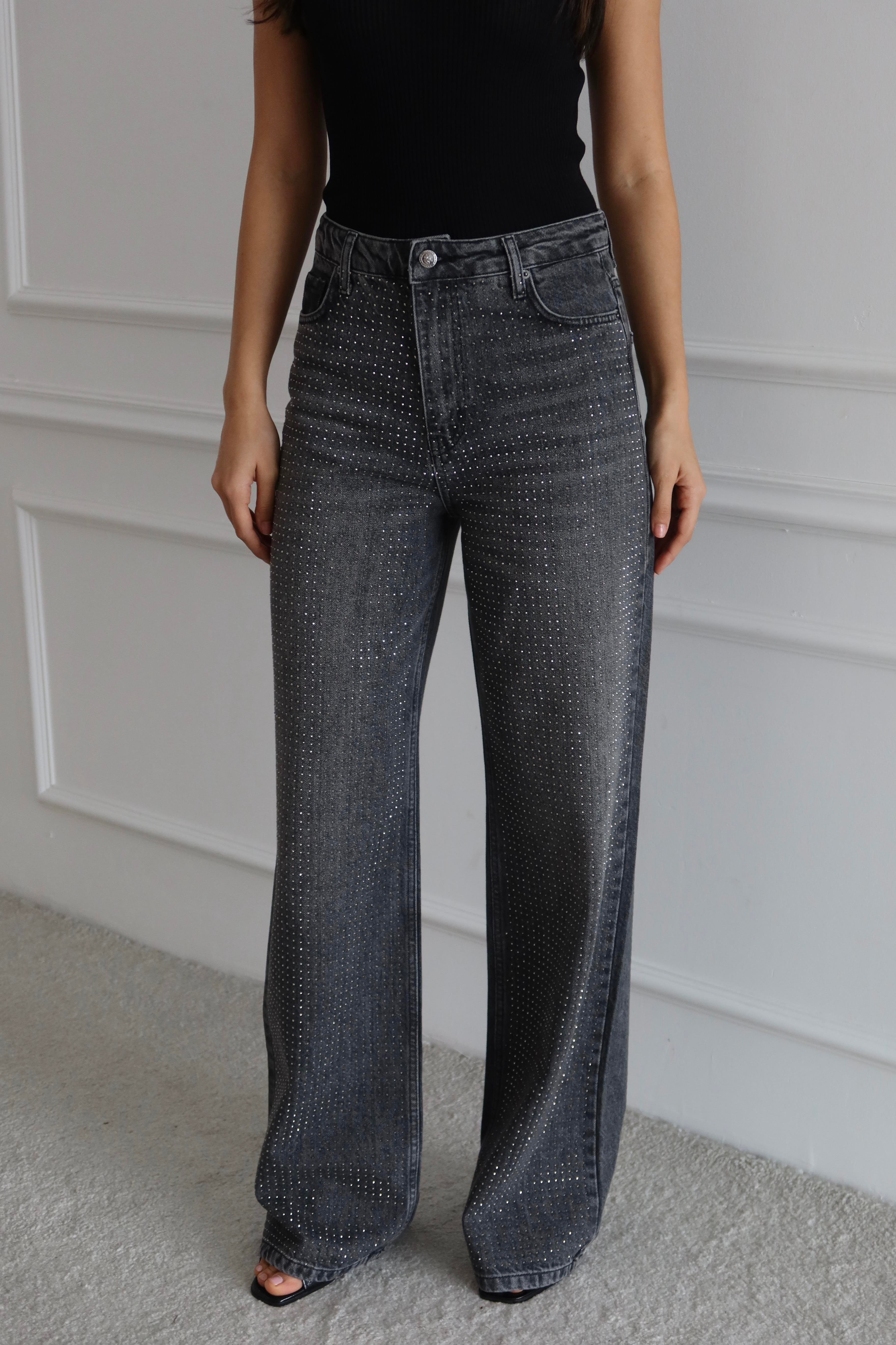LACARINOYüksek Bel Rahat Kesim Antrasit Boydan Taşlı Jean Pantolon