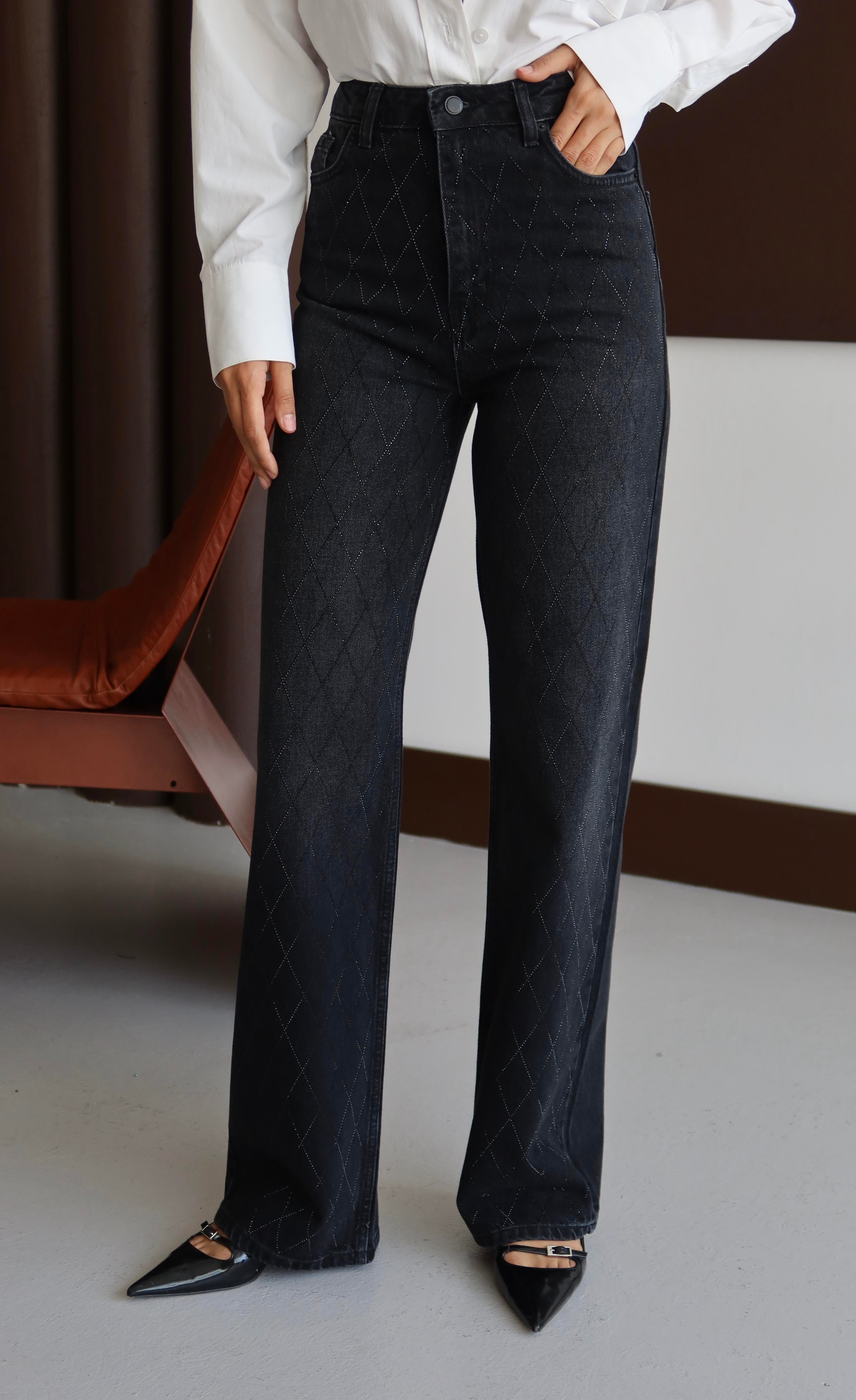 LACARINOYüksek Bel Rahat Kesim Baklava Desen Taş Detaylı Black Black Jean Pantolon