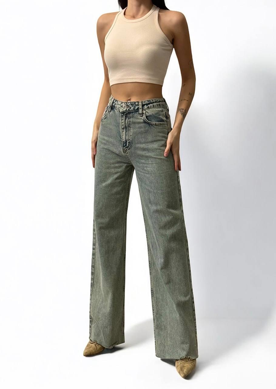 High Waist Back Pocket Slit Detailed Light Green Laser Jeans