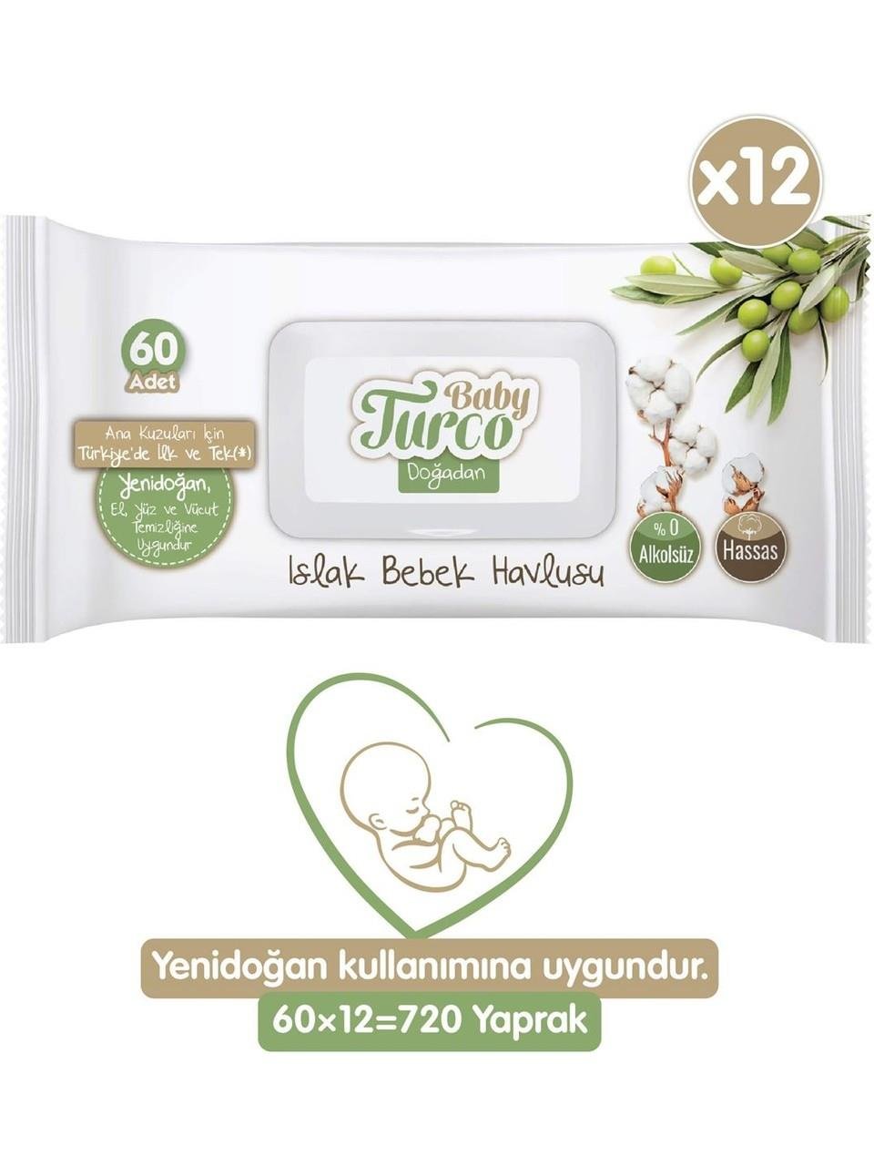Baby Turco Baby Turco Doğadan Yenidoğan Islak Bebek Havlusu 12x60 Yaprak