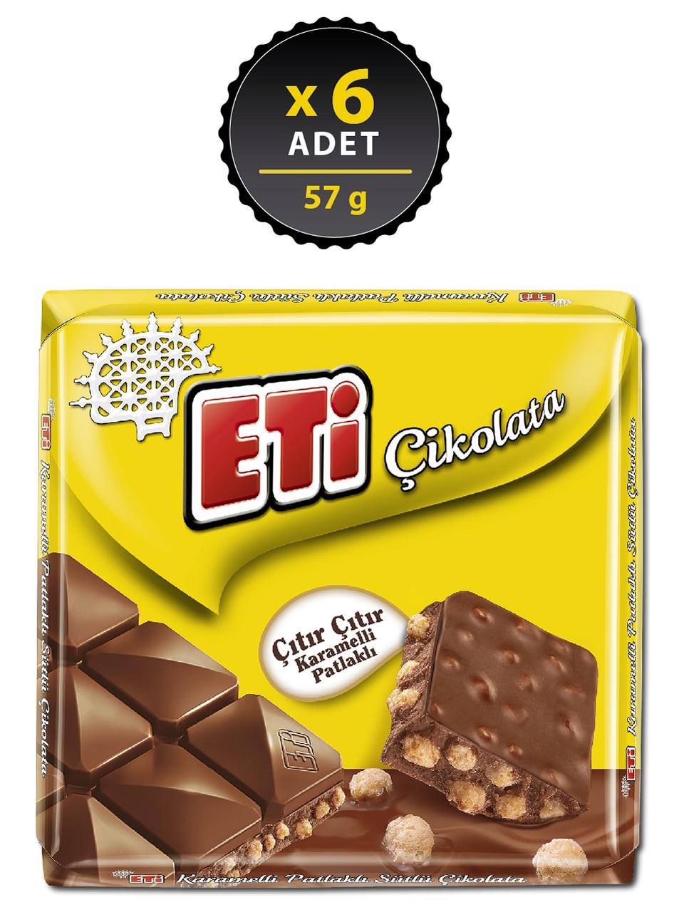 Eti Karamelli Patlaklı Sütlü Kare Çikolata 57 g x 6 Adet