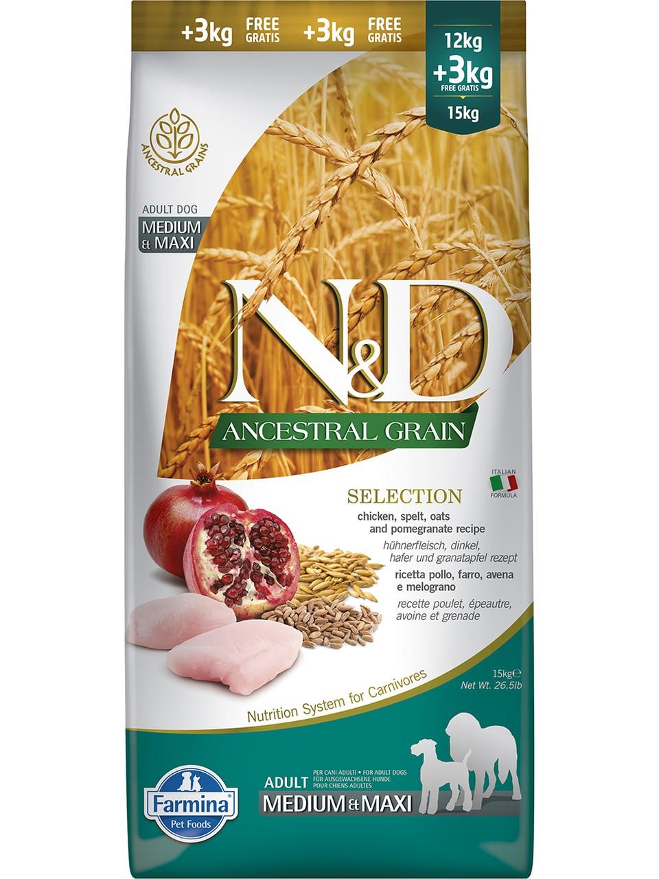 N&D Düşük Tahıllı Tavuklu Narlı Medium Maxi Adult Köpek Maması 12 Kg + 3 Kg