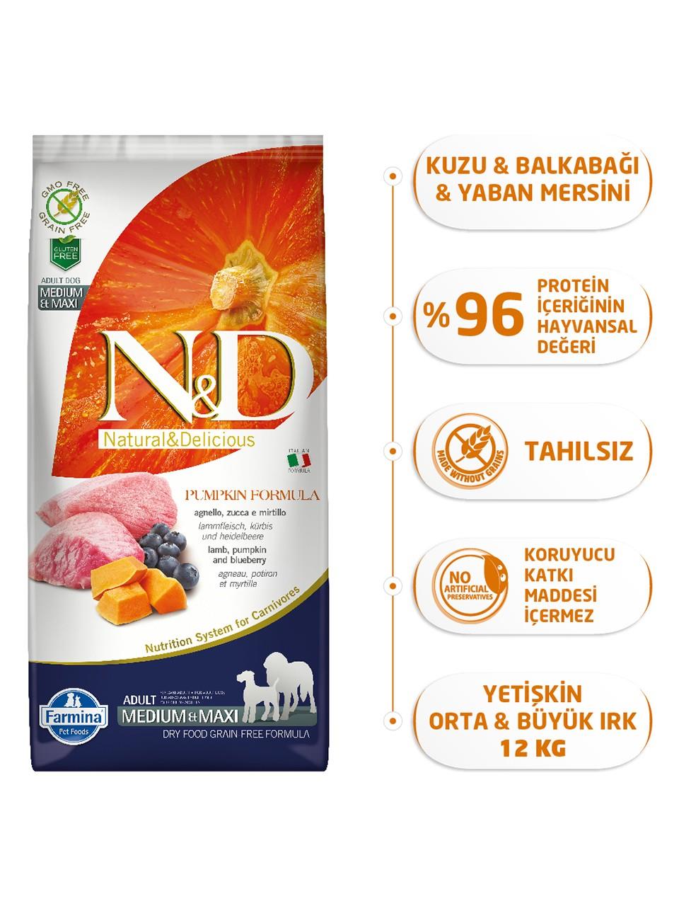 N&D Pumpkin Tahılsız Bal Kabaklı, Kuzu Etli Ve Yaban Mersinli Orta Ve Büyük Irk Yetişkin Köpek Maması 12 Kg